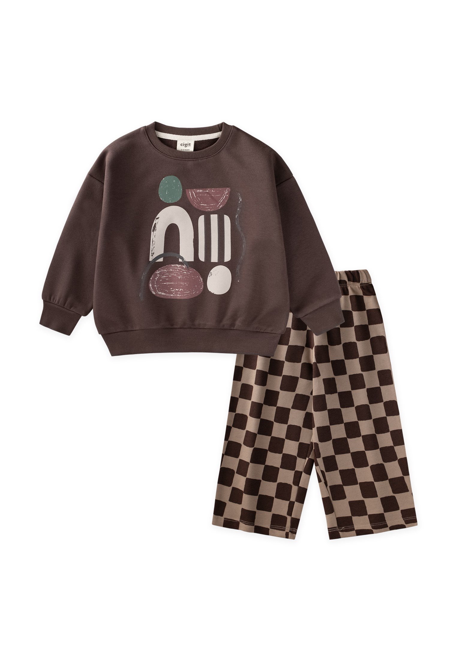 CigitDesenli Sweatshirt Takım 8-12 Yaş KAHVERENGİ