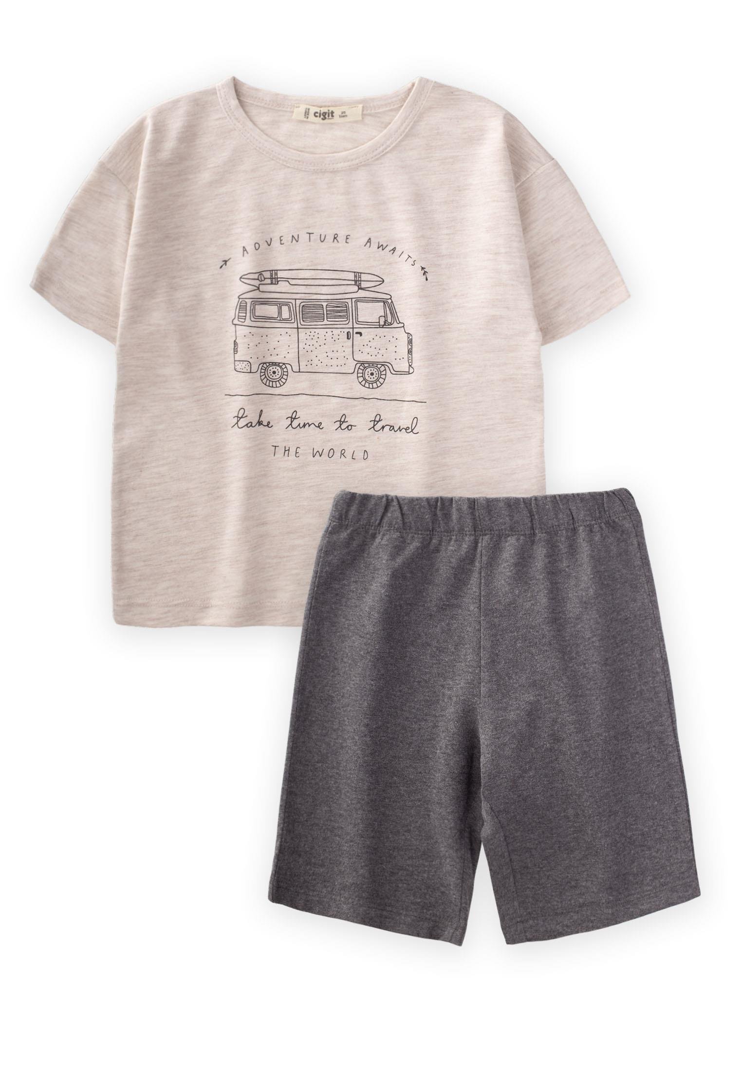 CigitBasic Karvan Baskılı Kapri Takım 2-7 Yaş Bej Melanj