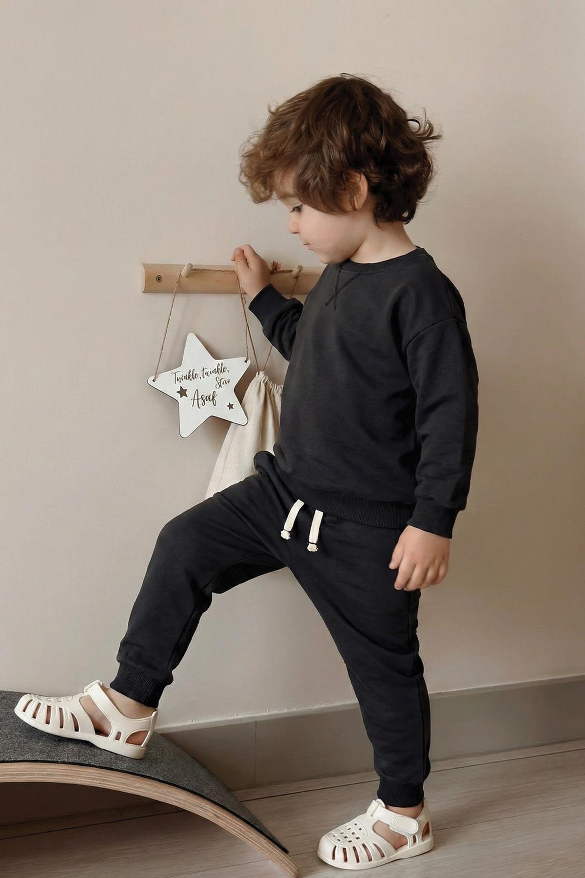CigitBasic Oversized Bed Detailed Sweatshirt Set 3-8 Years BLACK