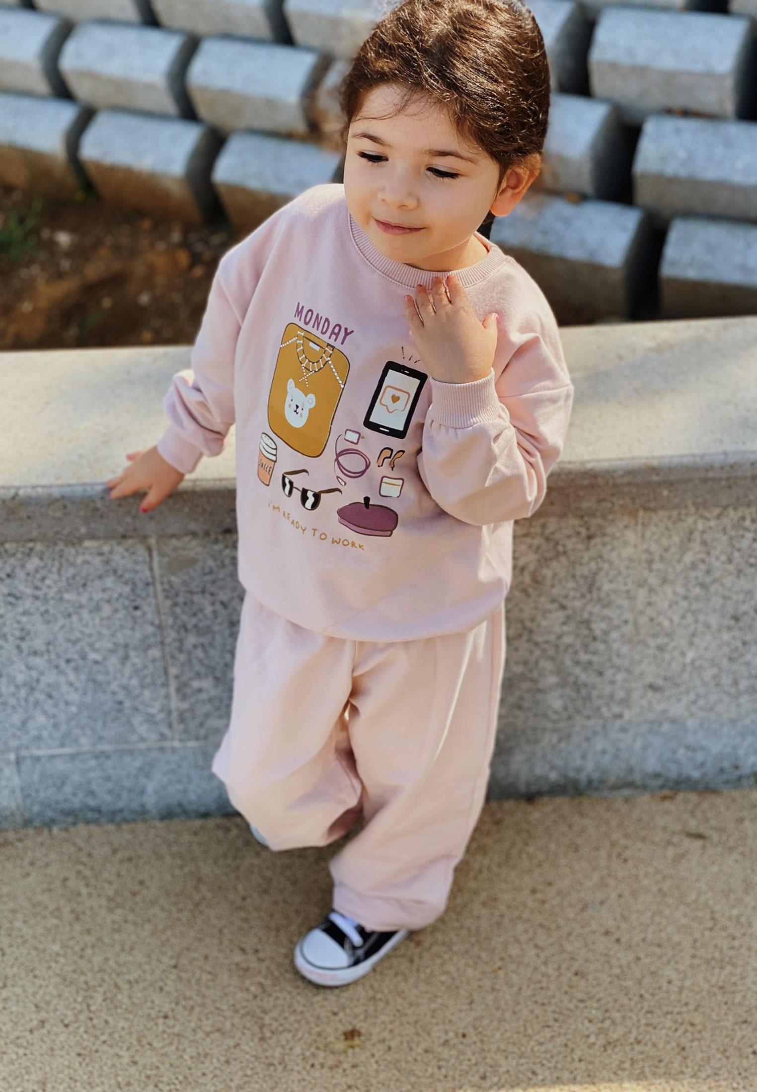 CigitBaskılı Geniş Paca Sweatshirt Takım 1-6 Yaş Pudra
