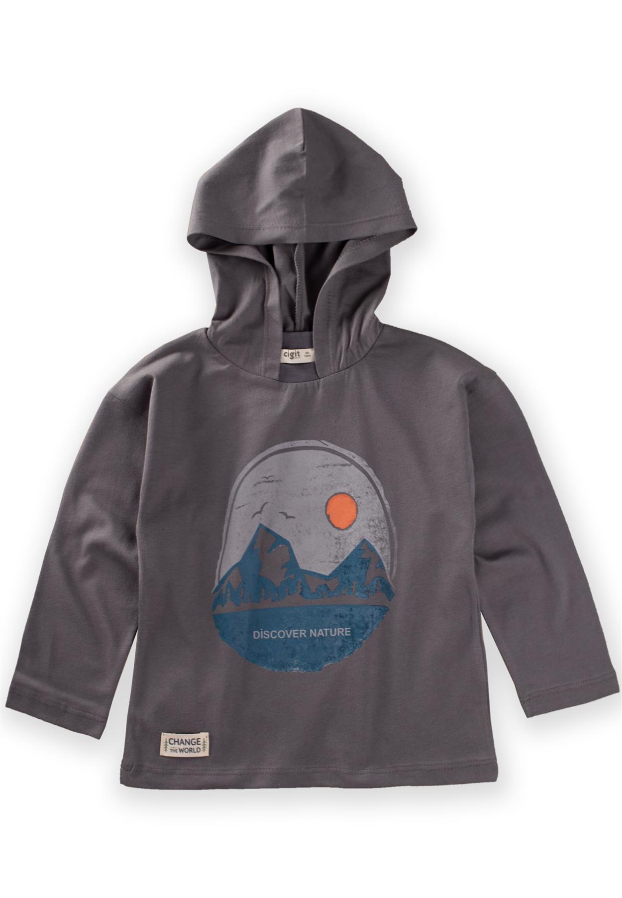 CigitBaskılı Kapşonlu Mevsimlik T-Shirt 2-10 Yaş Gri