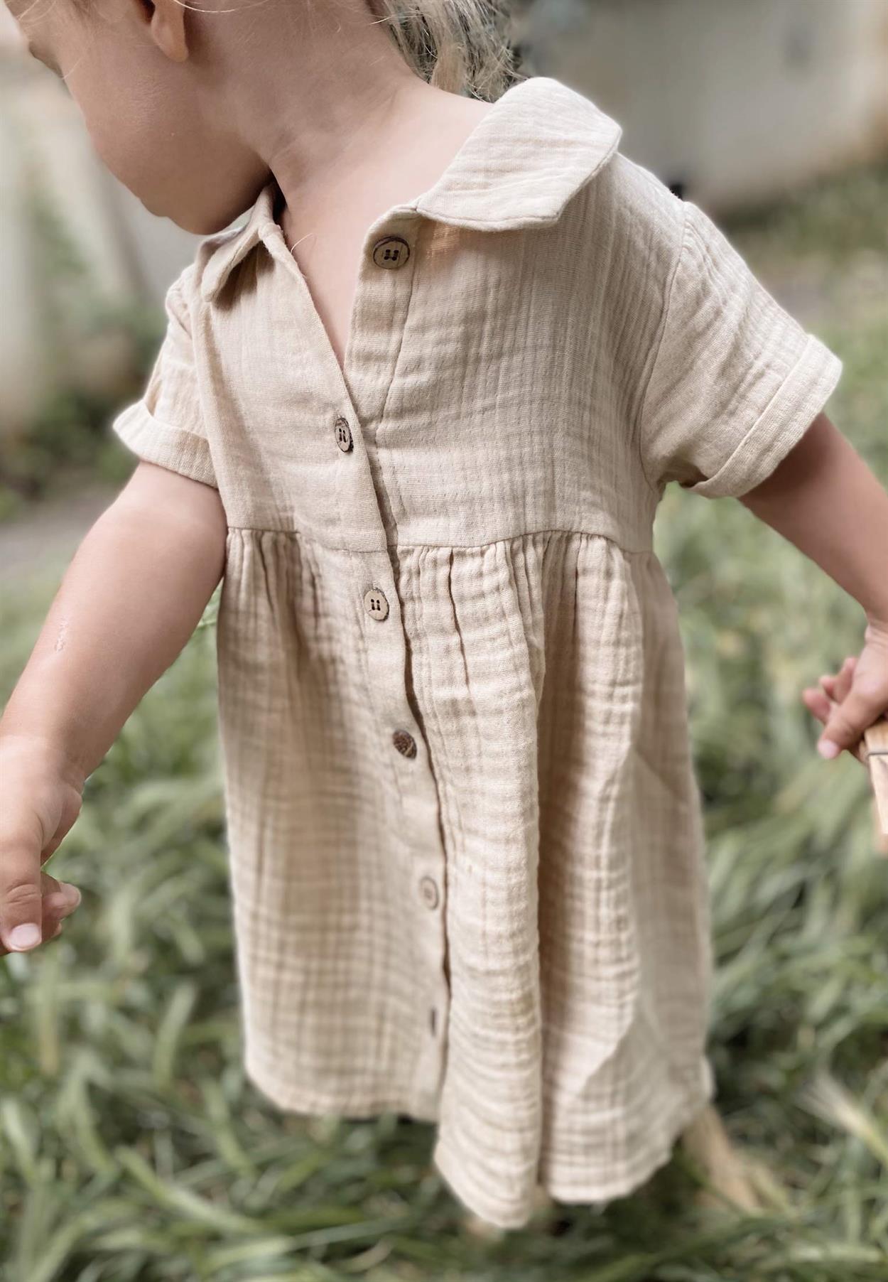 CigitBebe Yakalı Robası Büzgülü Müslin Elbise 1-7 Yaş Krem