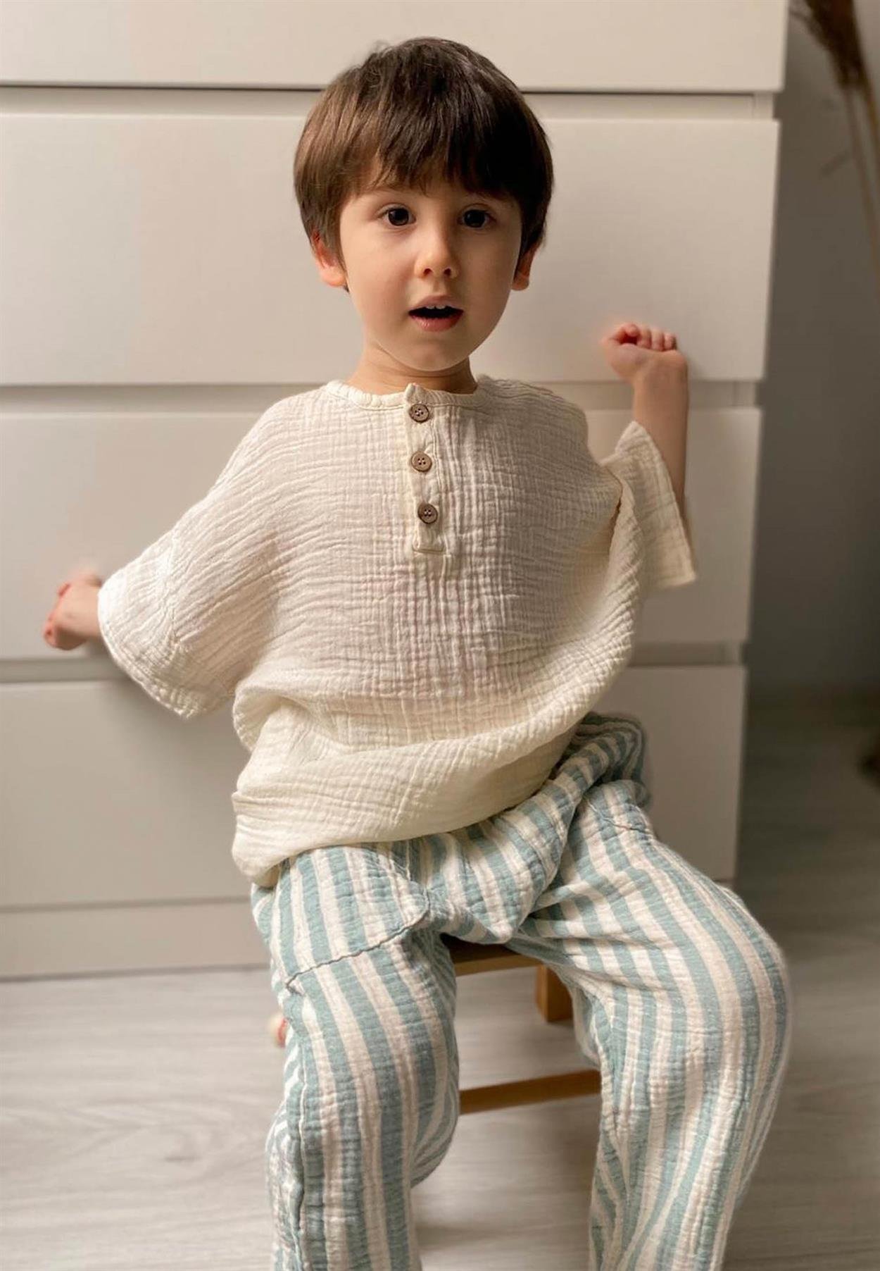 CigitBohem Gömlek Harlem Pantolonlu Takım 2-8 Yaş Krem/Yeşil