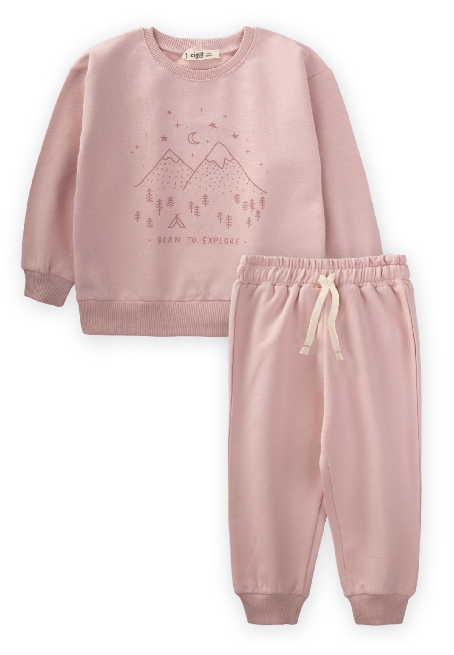 CigitBorn To Explore Baskılı Sweatshirt Takım 1-7 Yaş Pudra Pembe