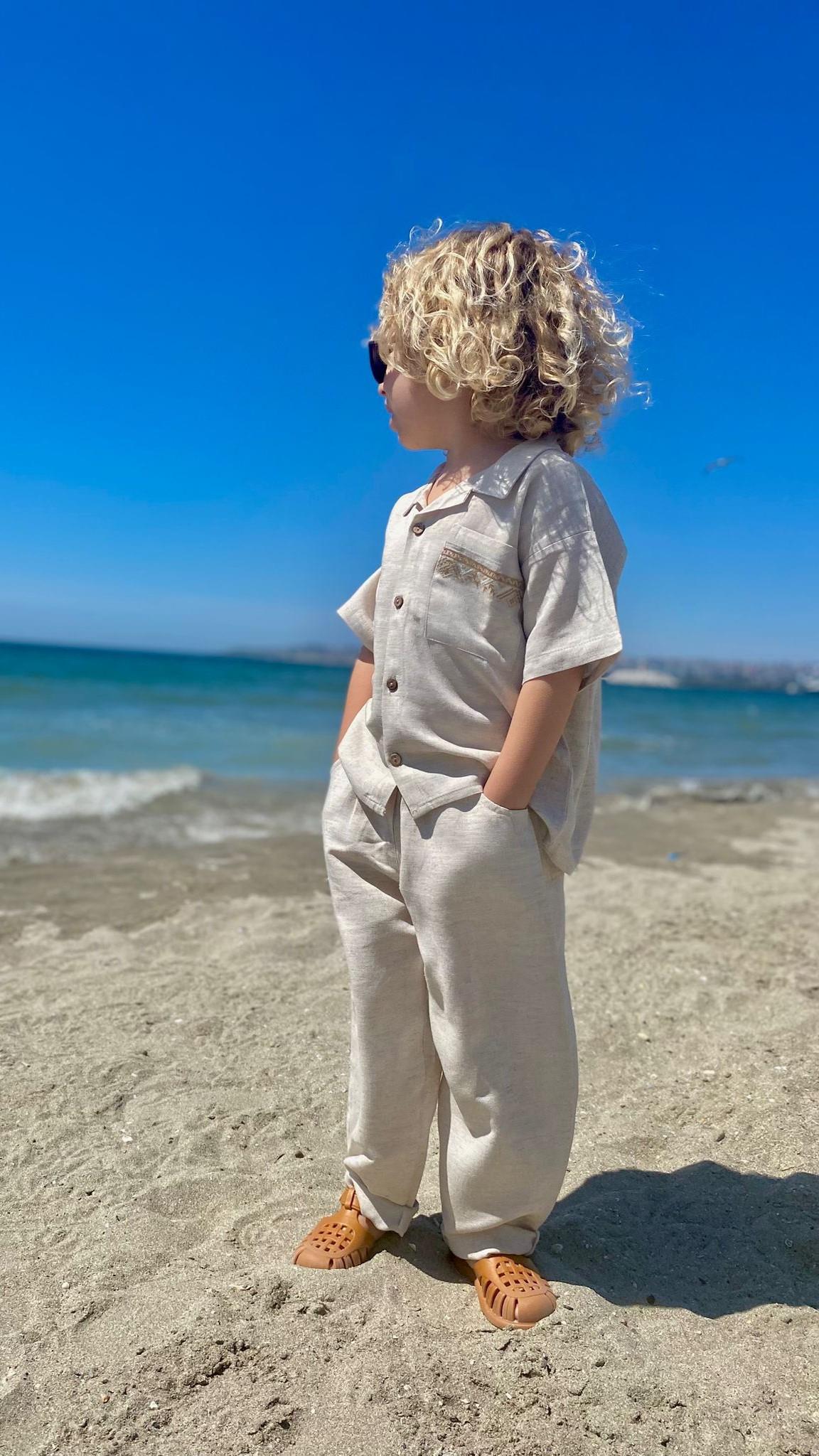 CigitCebi Nakışlı Gömlek Pantolon Keten Takım 2-7 Yaş NATUREL