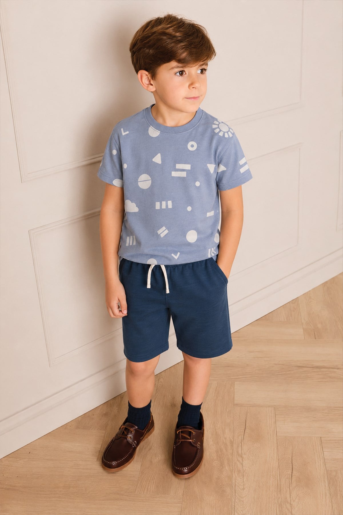 CigitDesenli Kaprili T-Shirt Takım 2-12 Yaş Mavi