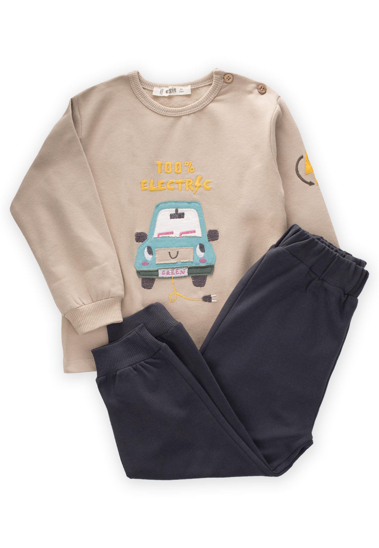 CigitElektrikli Araba Aplikeli Sweatshirt Takım 1-5 Yaş Vizon