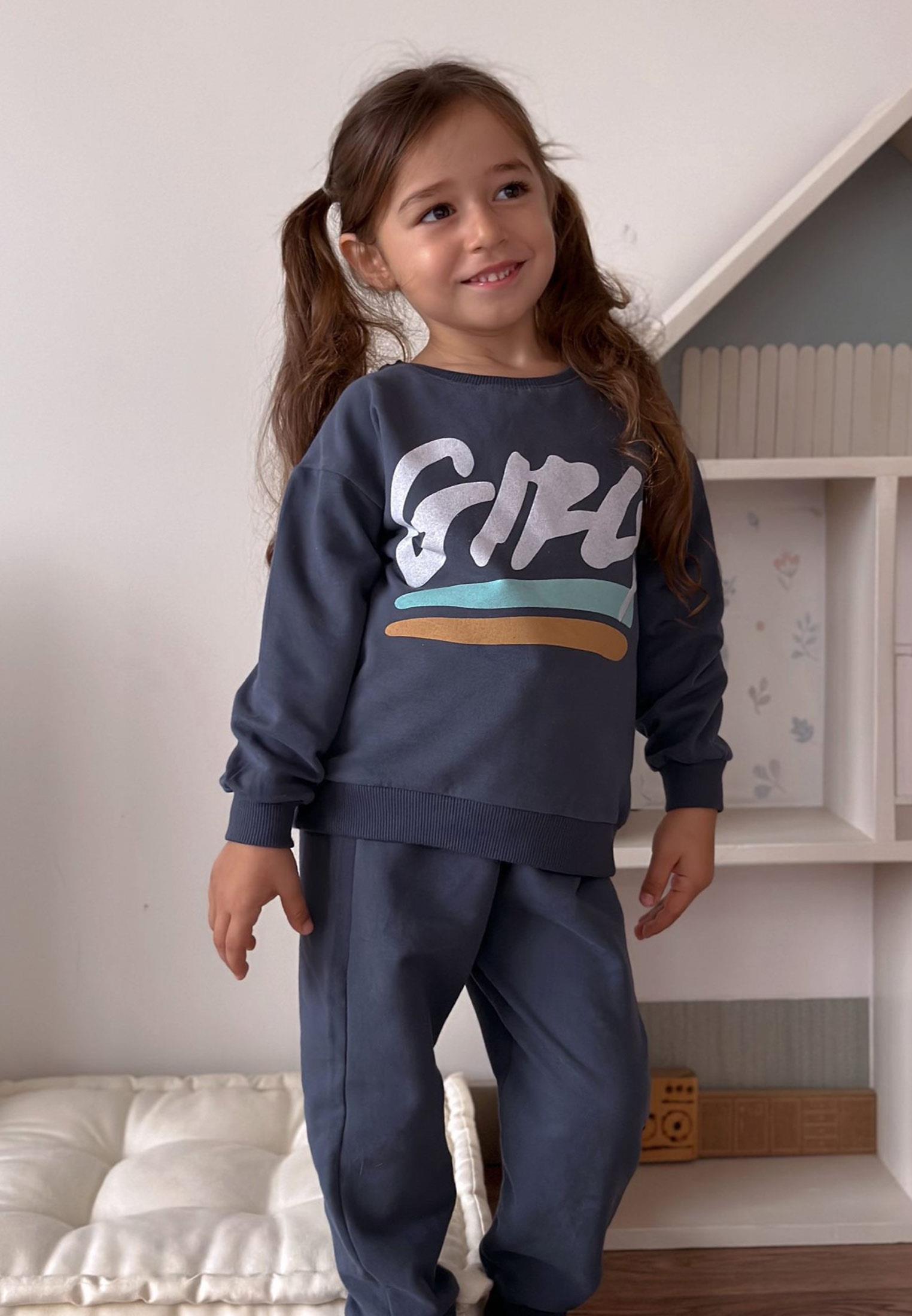 CigitGırls Baskılı Sweatshirt Takım 2-10 Yaş Lacivert