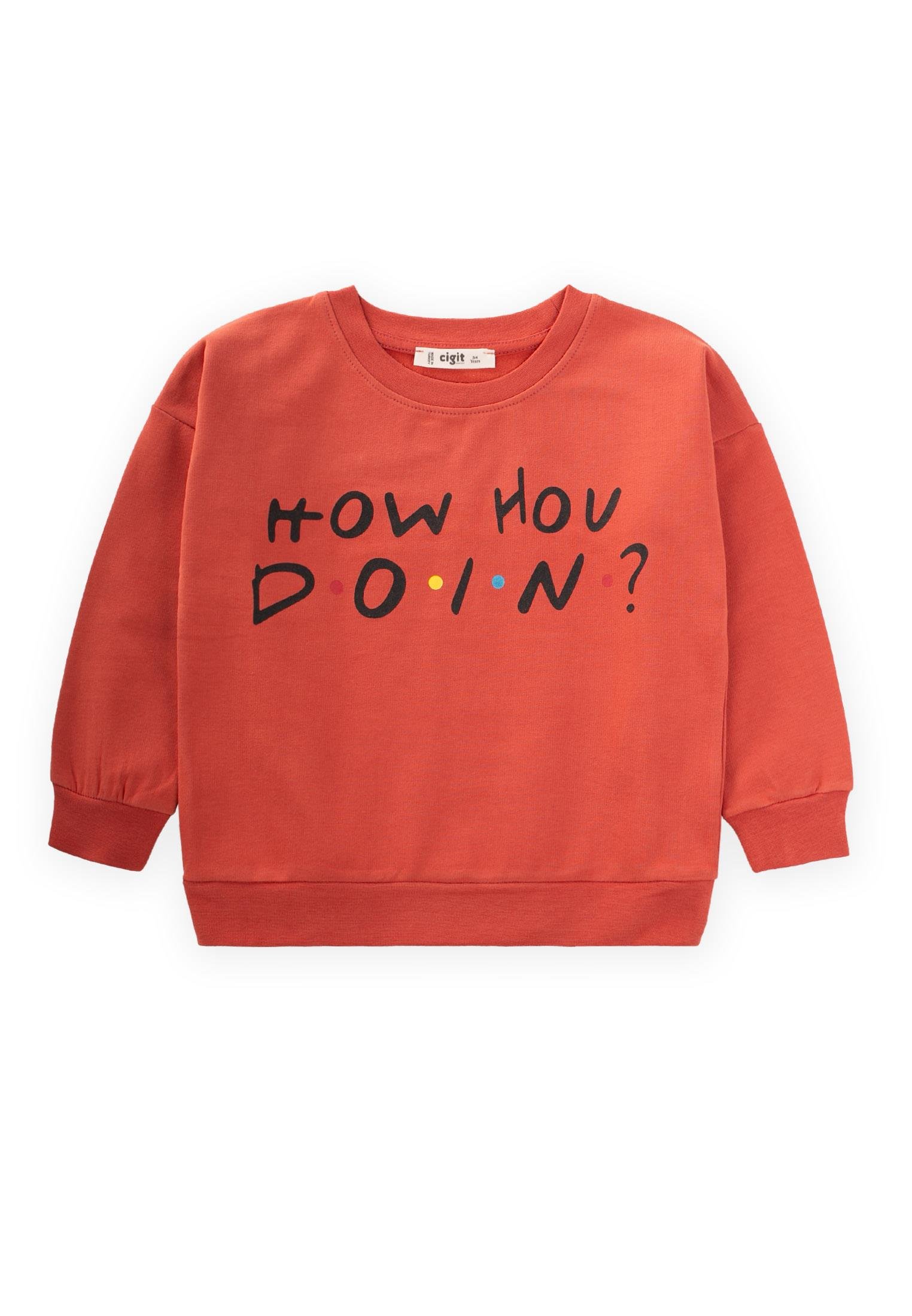 CigitYazı Baskılı Sweatshirt 3-9 Yaş Kiremit
