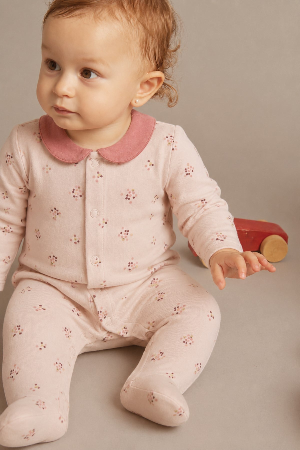 CigitÇıtır Çiçek Desenli Bebe Yaka Tulum 0-9 Ay PUDRA PEMBE