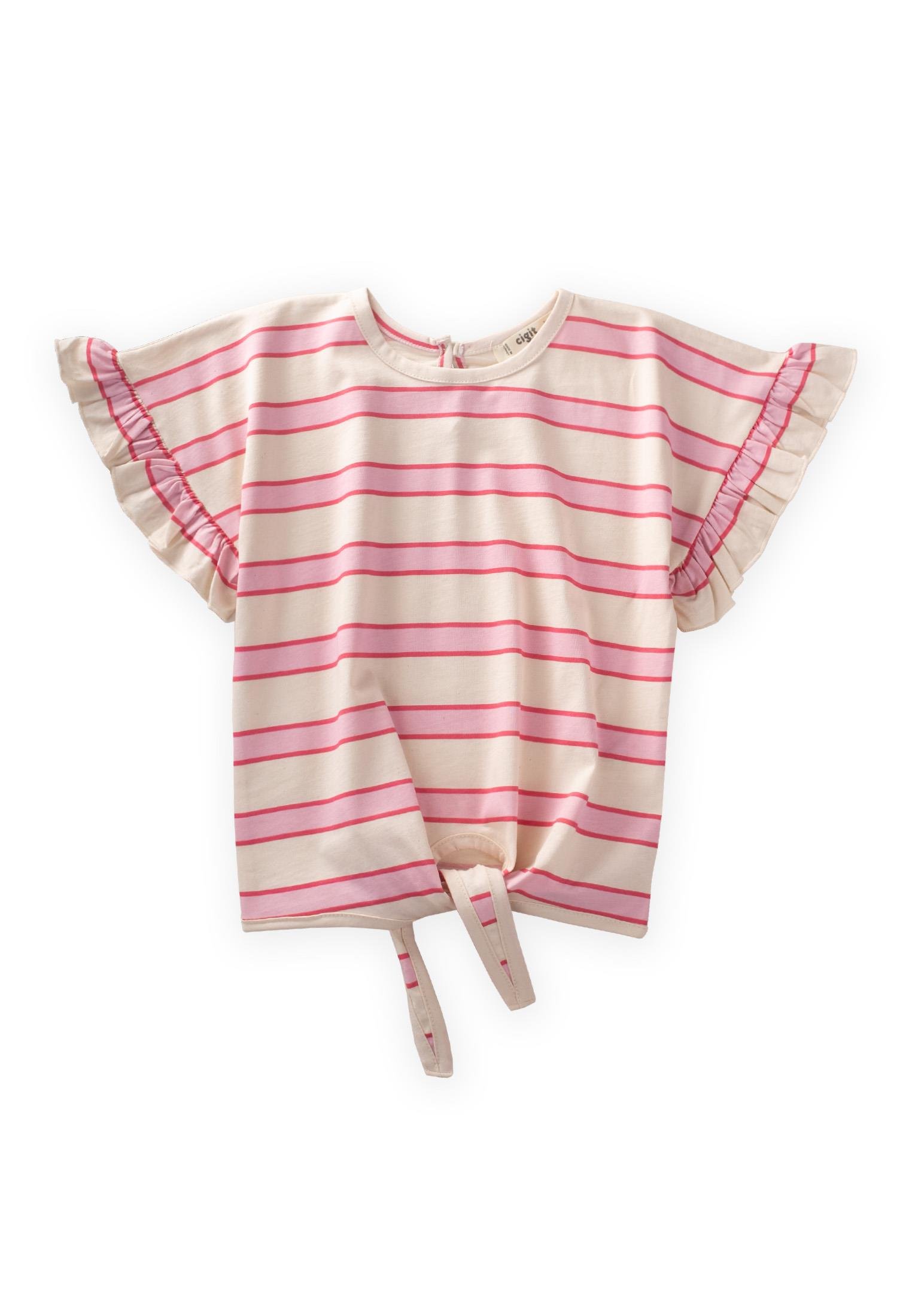 CigitStriped Tied Girls T-Shirt 3-10 Years POWDER WIDE LINE