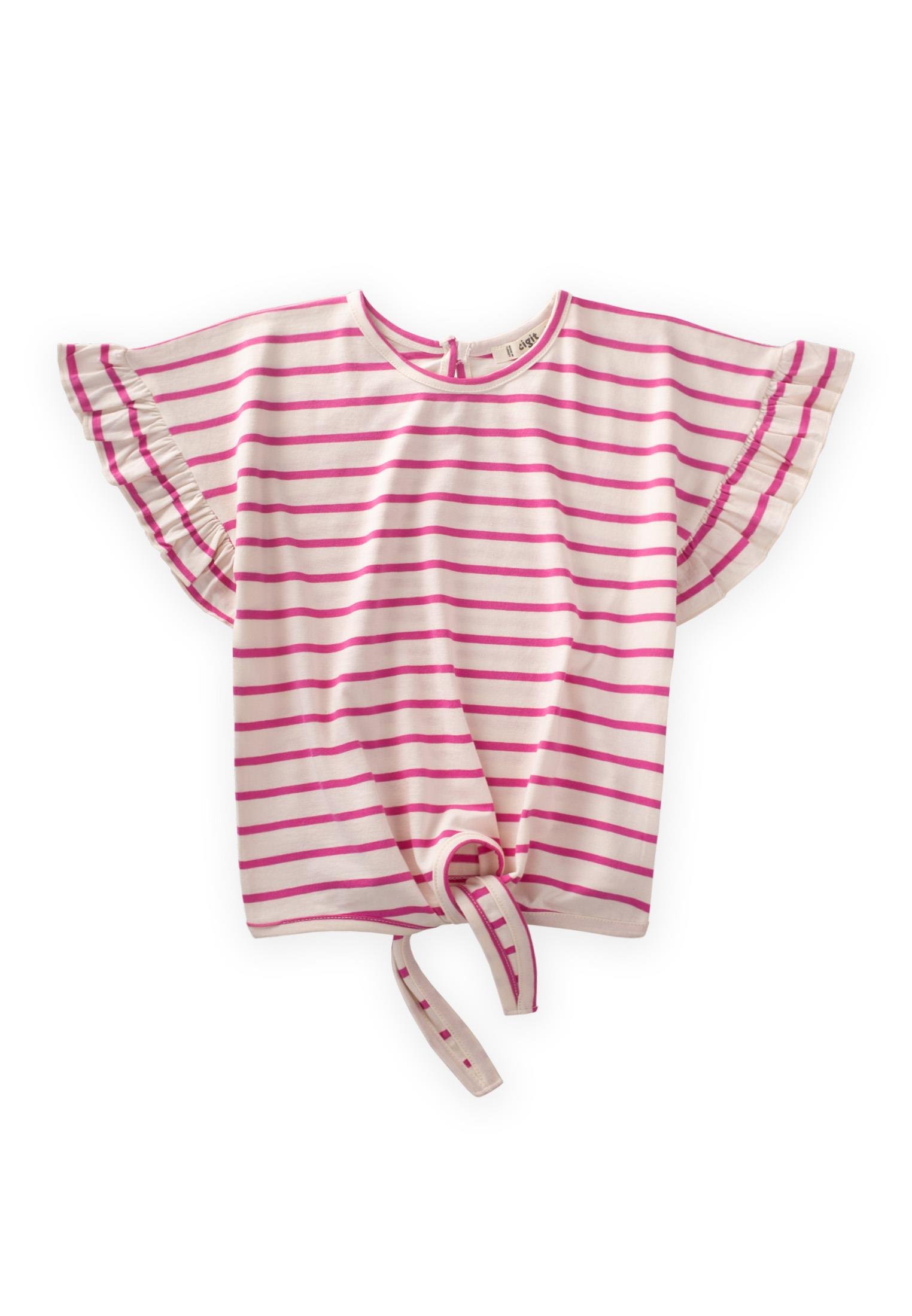 CigitStriped Tied Girl T-Shirt 3-10 Years FUCHSIA STRIPED