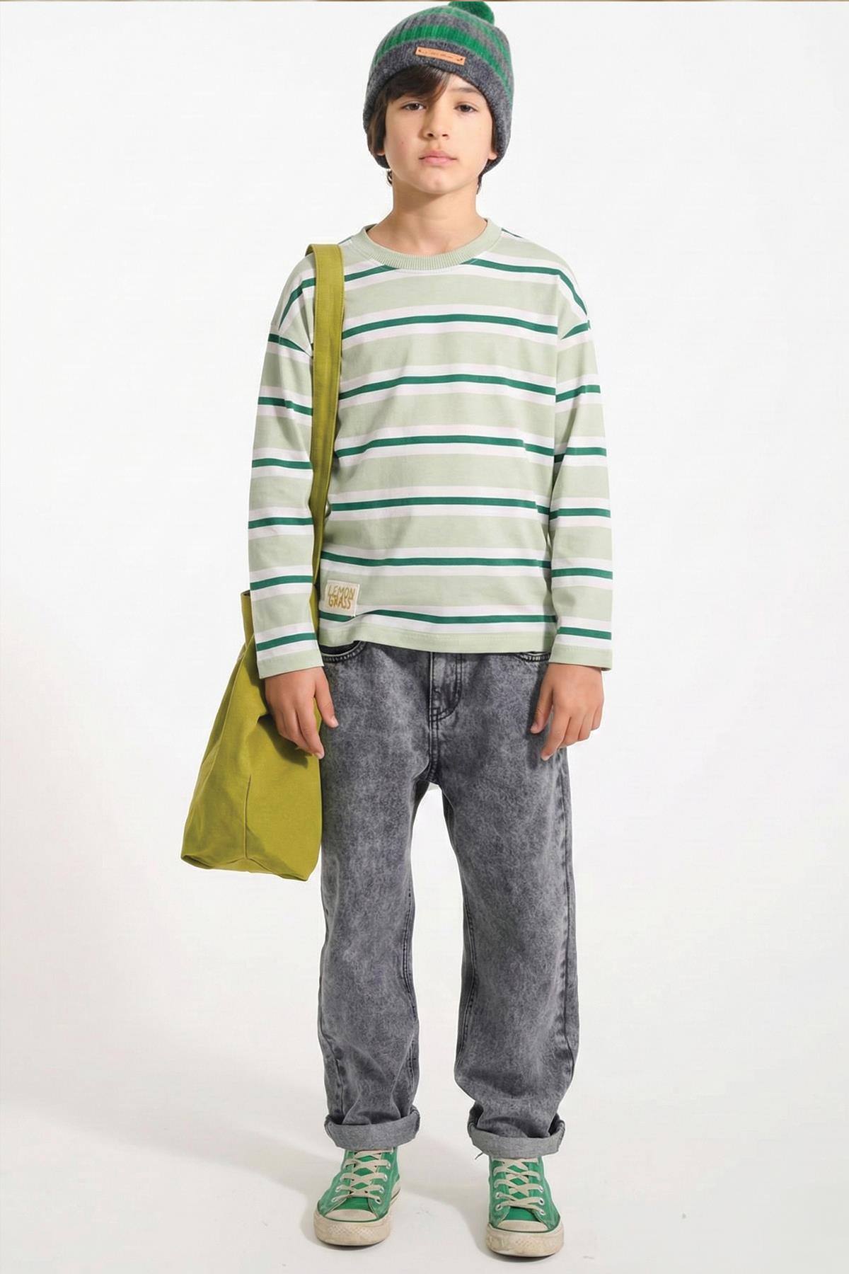 CigitÇizgili Mevsimlik T-Shırt 1-10 Yaş Mint Haki Çizgili
