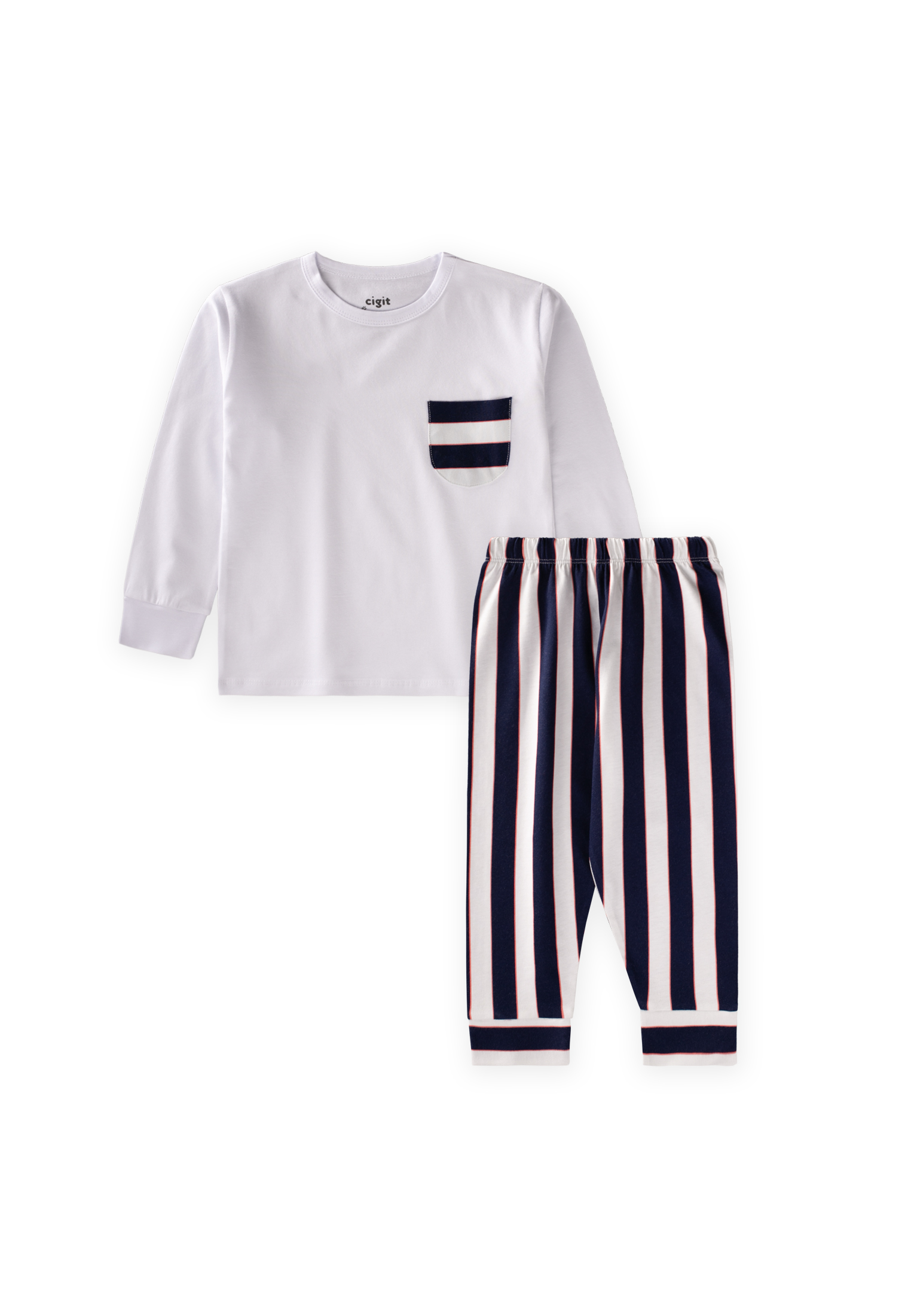 CigitÇizgili Pijama Takım 2-8 Yaş Kırık Beyaz