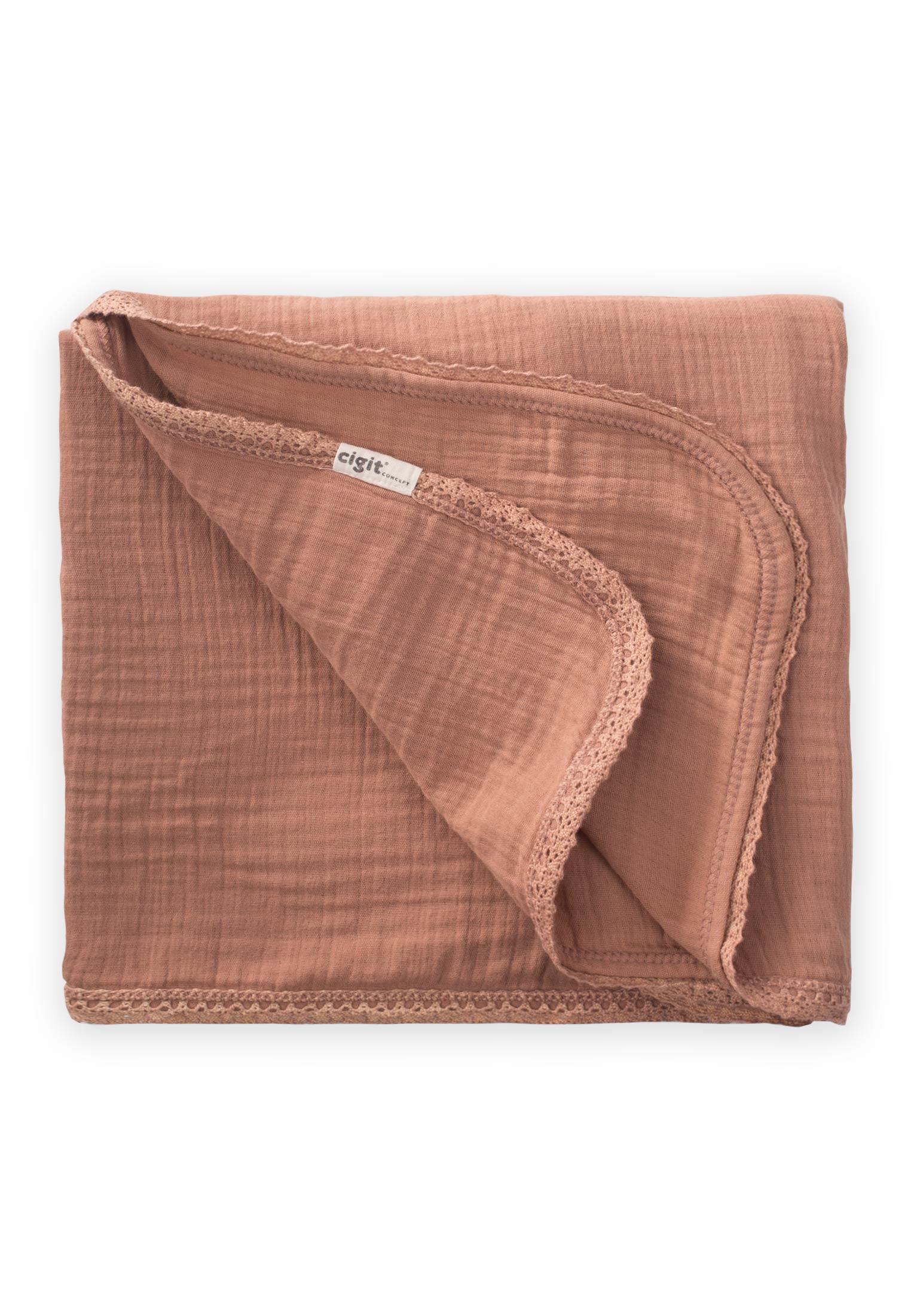 CigitDantel İşlemeli Tekkat Müslin Battaniye 100X100 cm +/- 3 cm A.KAHVE
