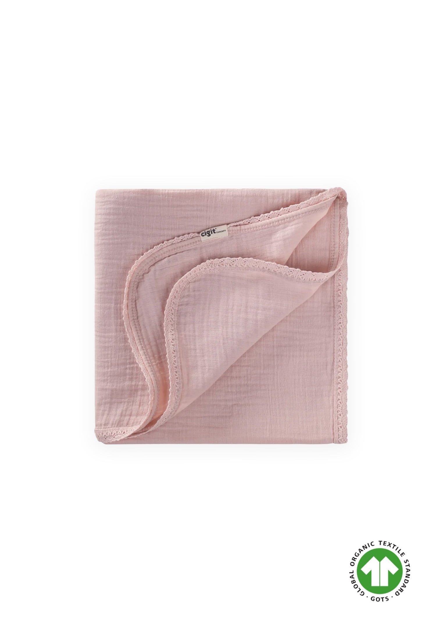 CigitDantel İşlemeli Tekkat Müslin Battaniye 100X100 cm +/- 3 cm Pudra Pembe