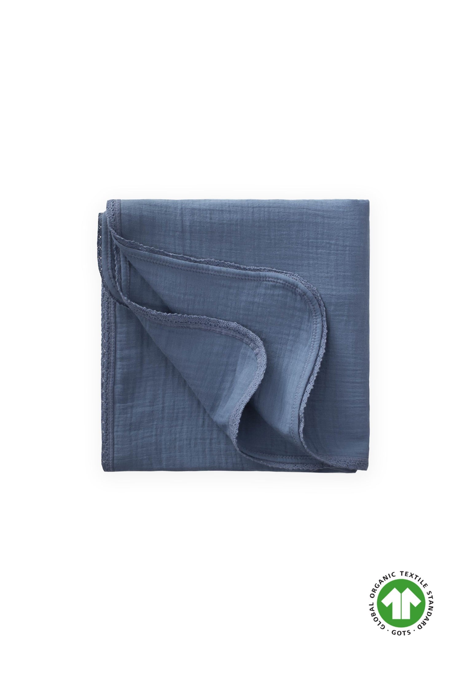 CigitDantel İşlemeli Tekkat Müslin Battaniye 100X100 cm +/- 3 cm İndigo Mavi