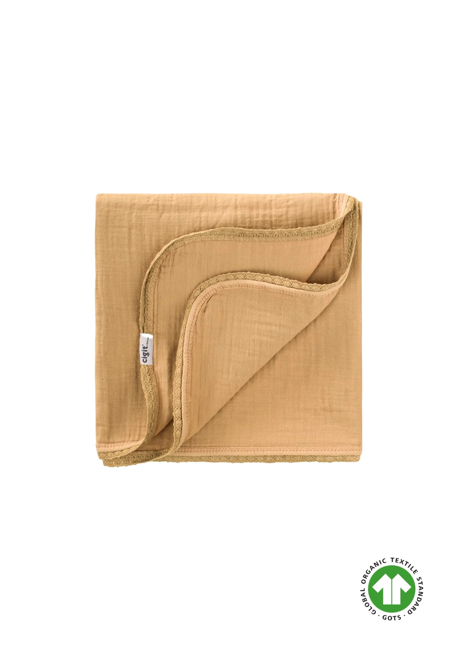CigitDantel İşlemeli Tekkat Müslin Battaniye 100X100 cm +/- 3 cm Hardal Sarı