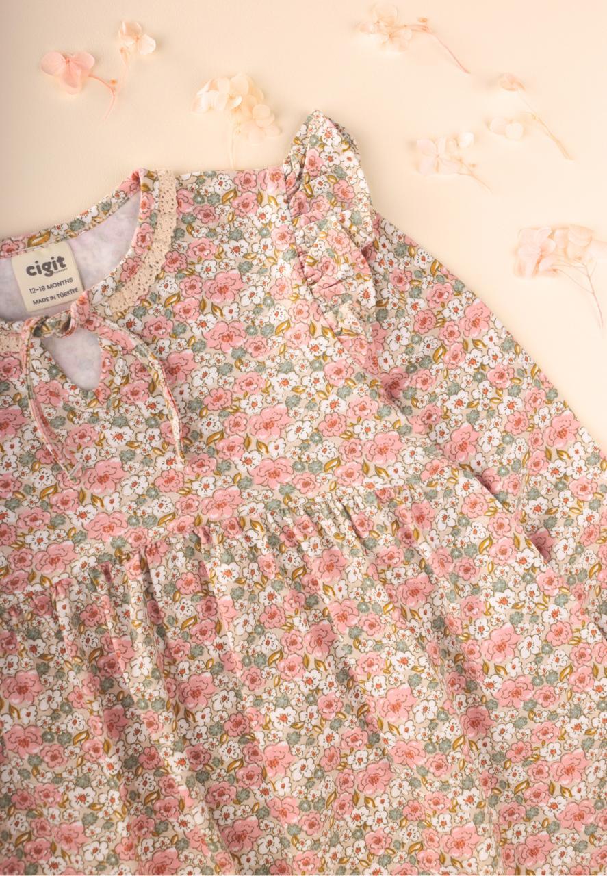 CigitDesenli Mevsimlik Elbise 1-7 Yaş EKRU