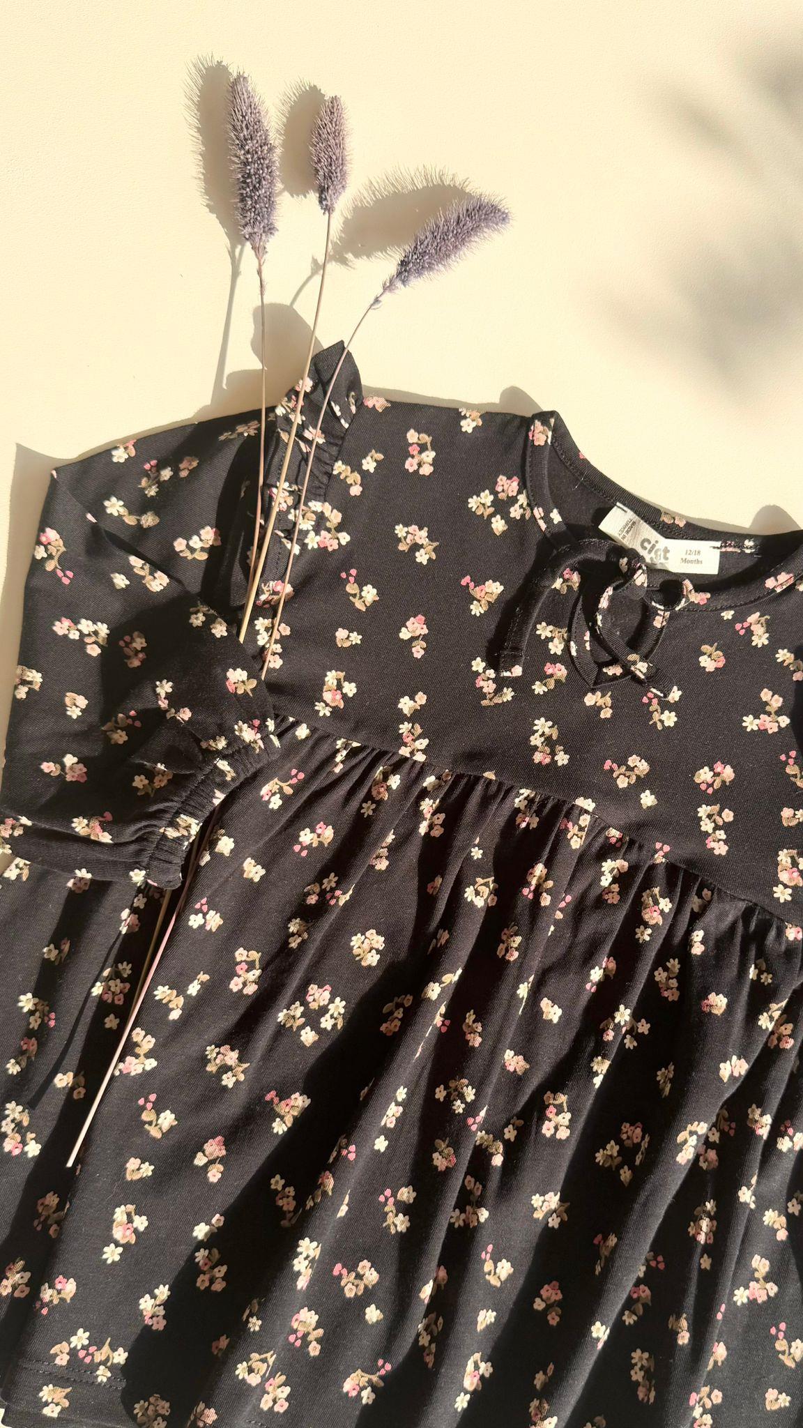 CigitDesenli Mevsimlik Elbise 1-7 Yaş SİYAH