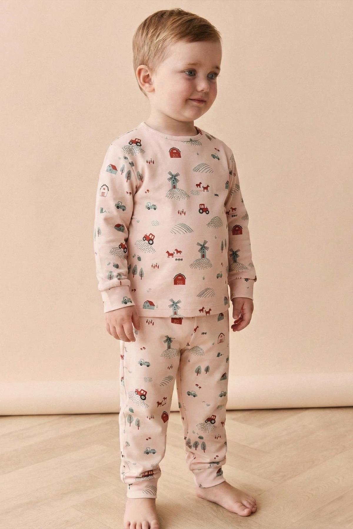 CigitDesenli Mevsimlik Pijama Takım 1-7 Yaş Çiftlik Desen
