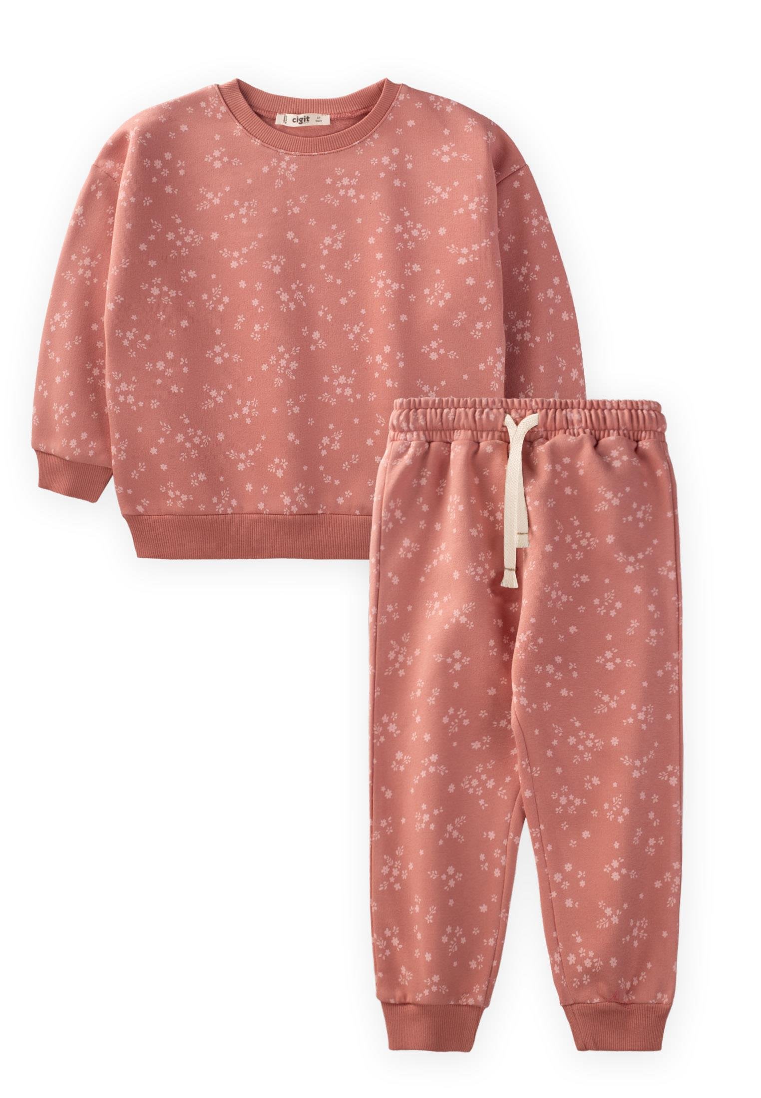 CigitDesenli Sweatshirt Kız Takım 2-10 Yaş Somon