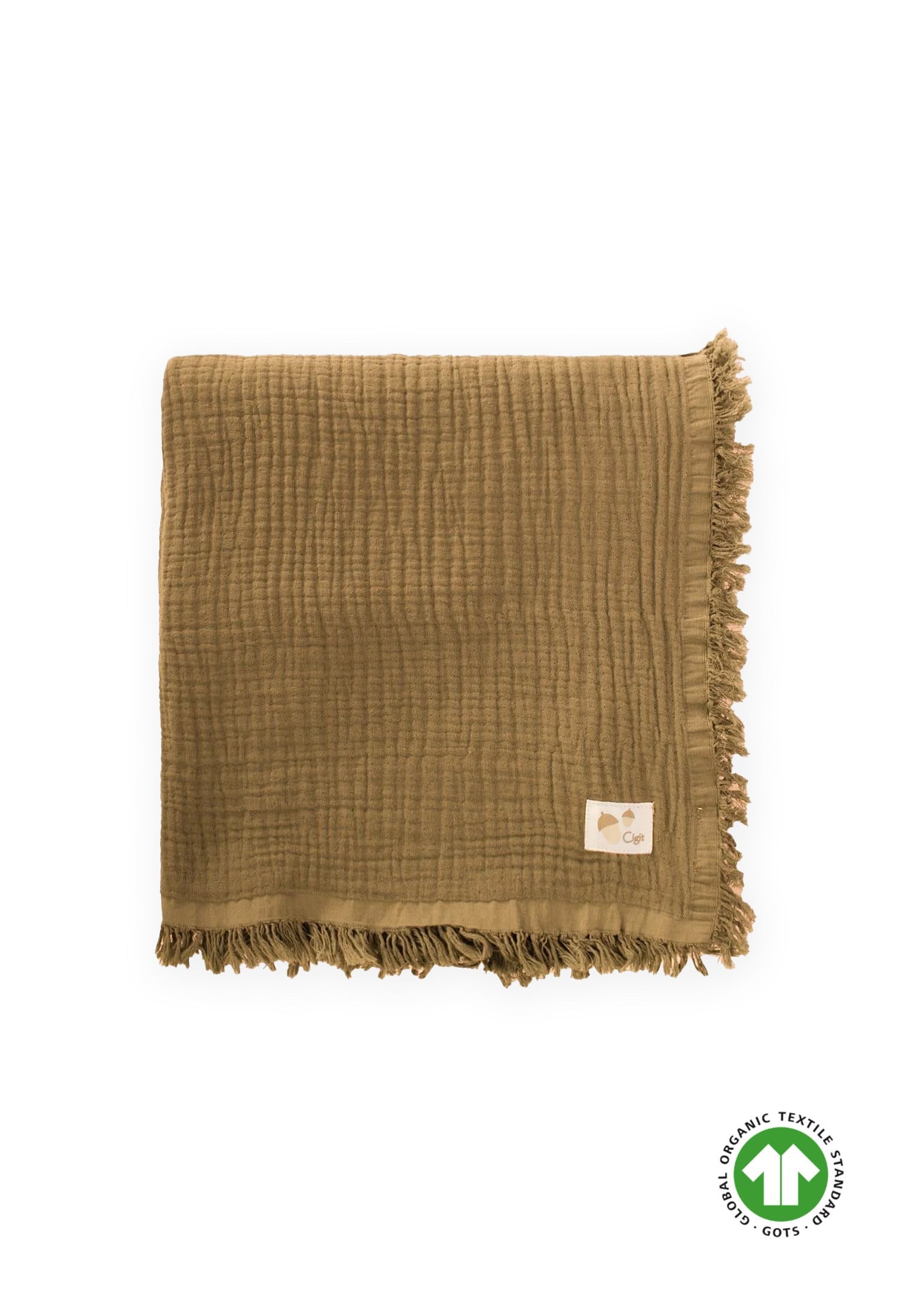 CigitDört Kat Püsküllü Organik Müslin Battaniye 80X120 Cm Hardal Sarı