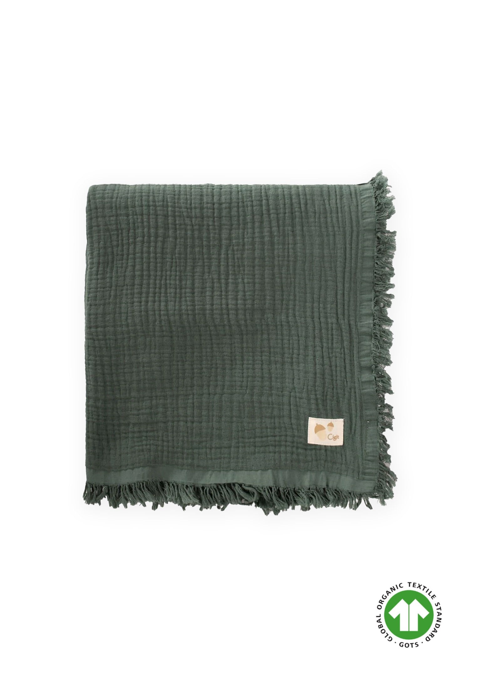 CigitDört Kat Püsküllü Organic Müslin Battaniye 80X120 Cm Haki Yeşili