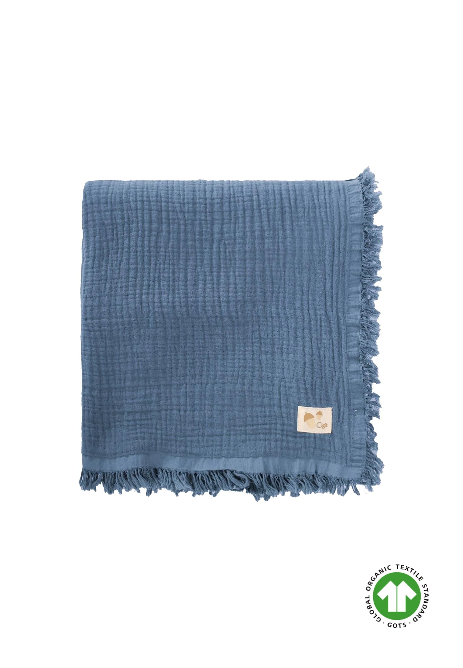 CigitDört Katlı Püsküllü Organic Müslin Battaniye 80 X120 Cm İndigo Mavi