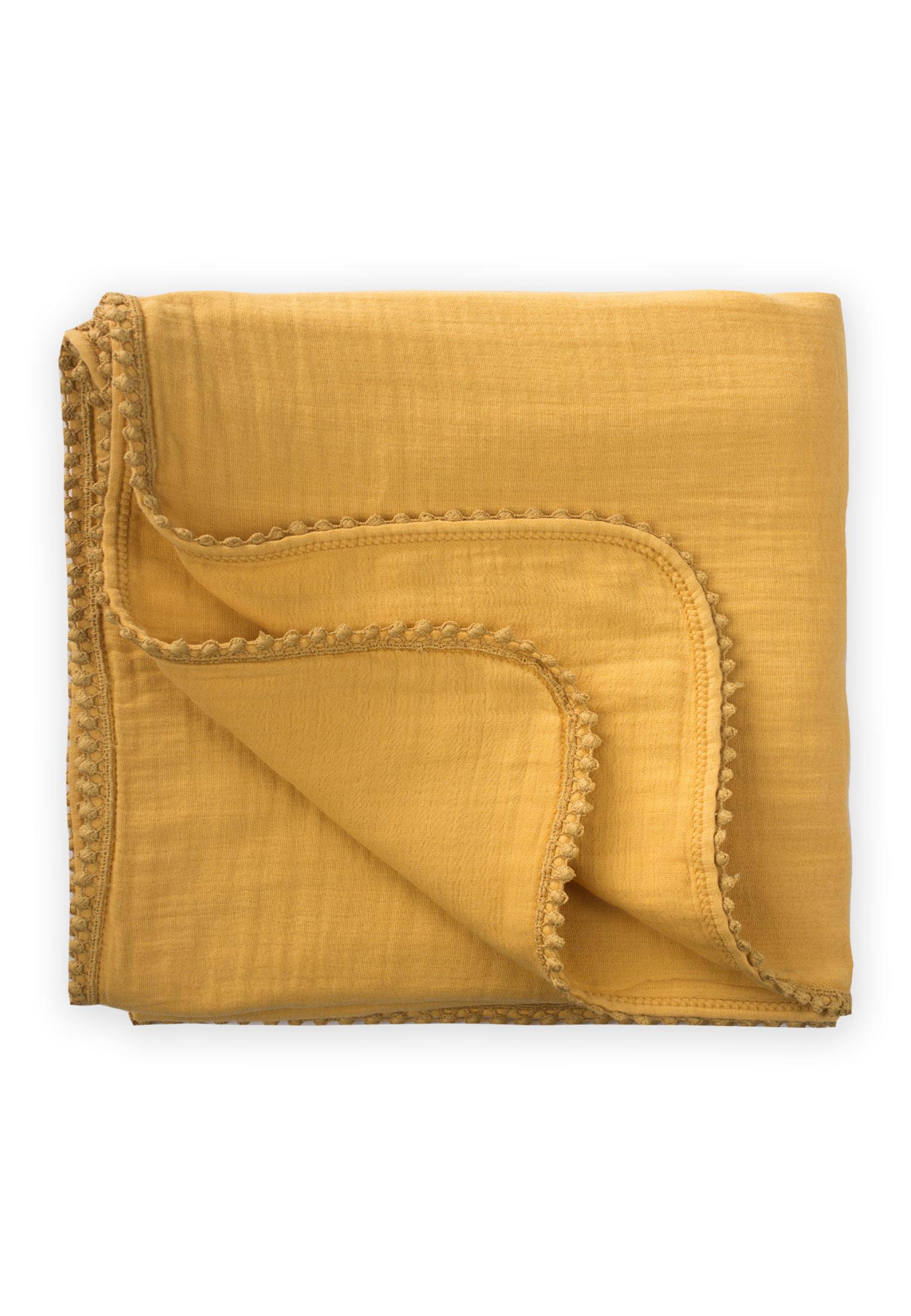 CigitDörtkat Ponpon Şeritli Müslin Bebek Battaniyesi100X100 cm +/- 3 cm Hardal Sarı