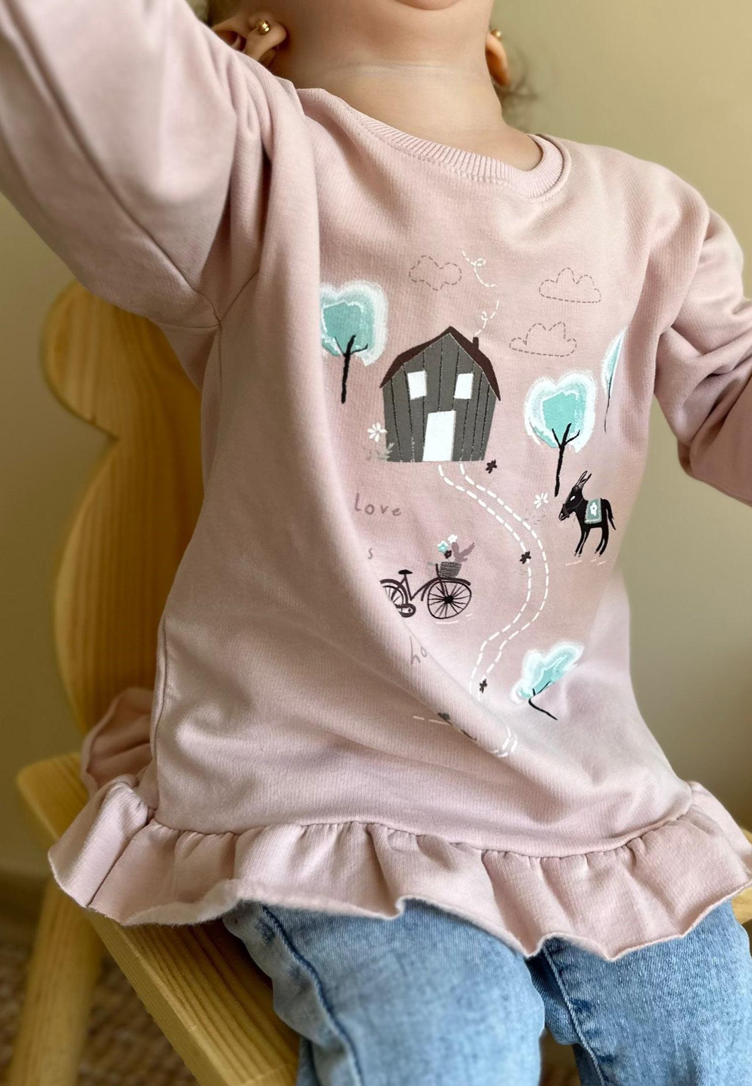 CigitEteği Fırfırlı Baskılı Sweatshirt 1-6 Yaş Pudra Pembe