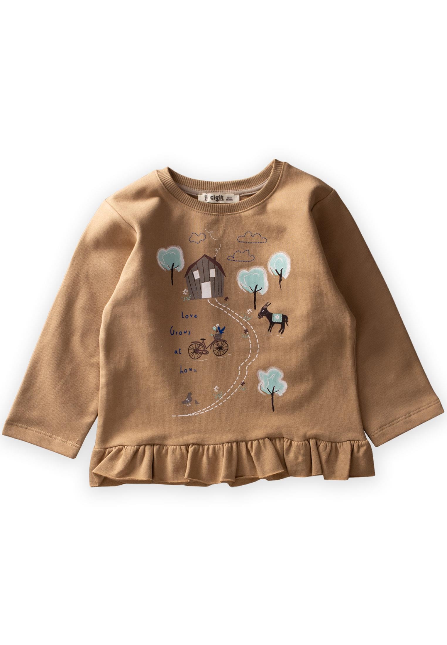 CigitEteği Fırfırlı Baskılı Sweatshirt 1-6 Yaş Koyu Hardal