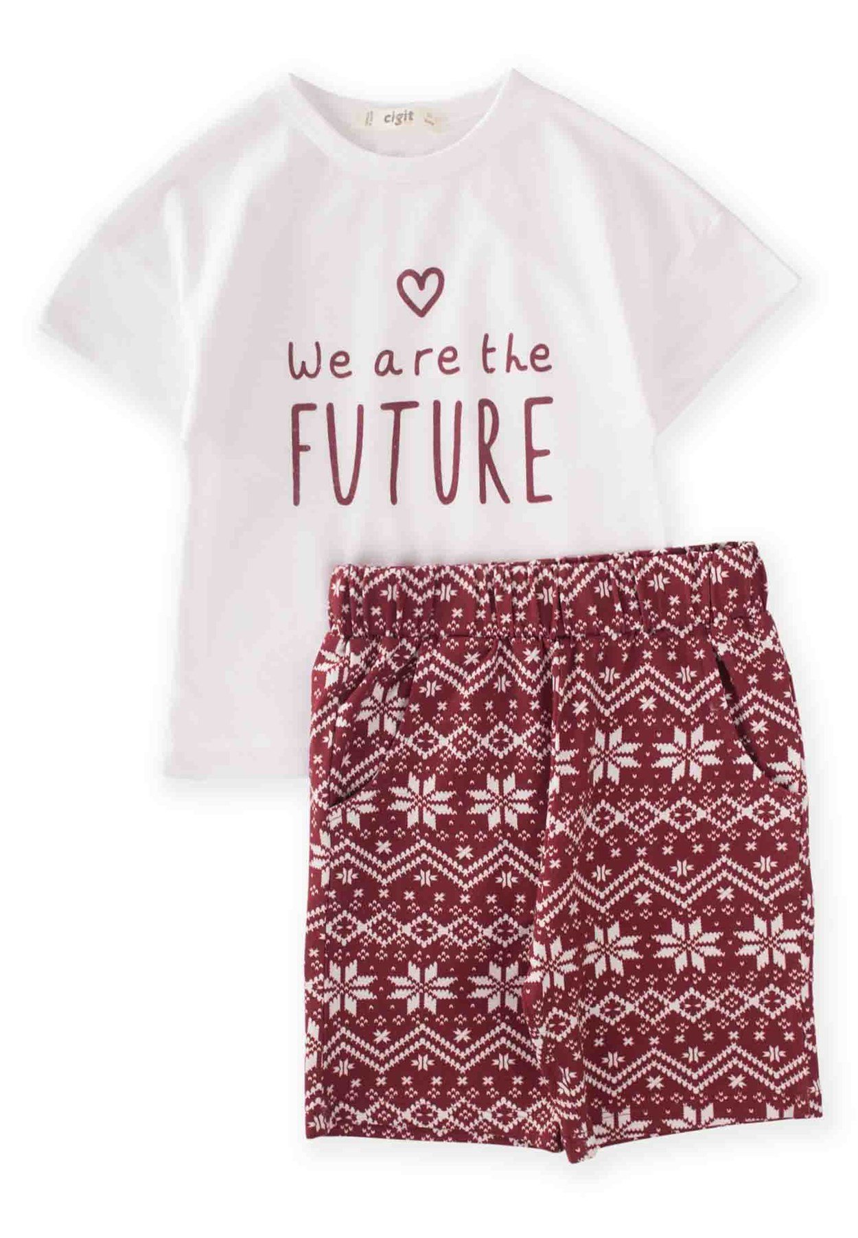 62569 - 5237CigitLow Shoulder Compression T-Shirt Capri Suit 2-7 Years Ecru-Burgundy
