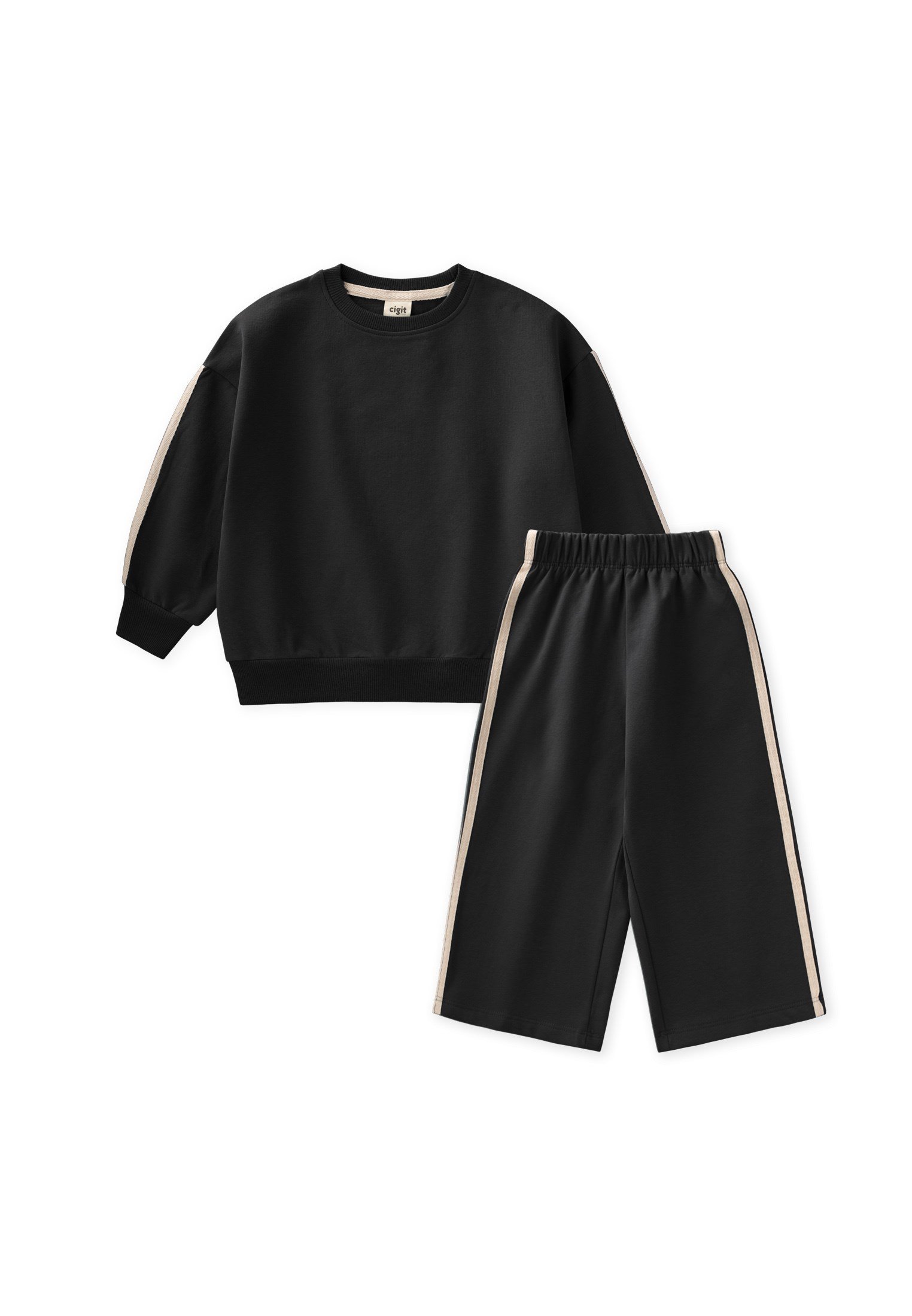 CigitŞerit Detaylı Sweatshirt Takım 2-10 Yaş Siyah