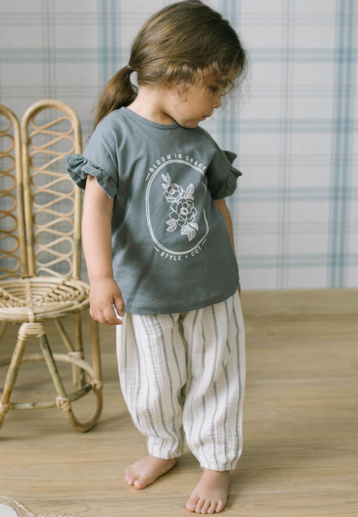 CigitGül Baskılı Müslin Pantolonlu Takım 1-7 Yaş Gri