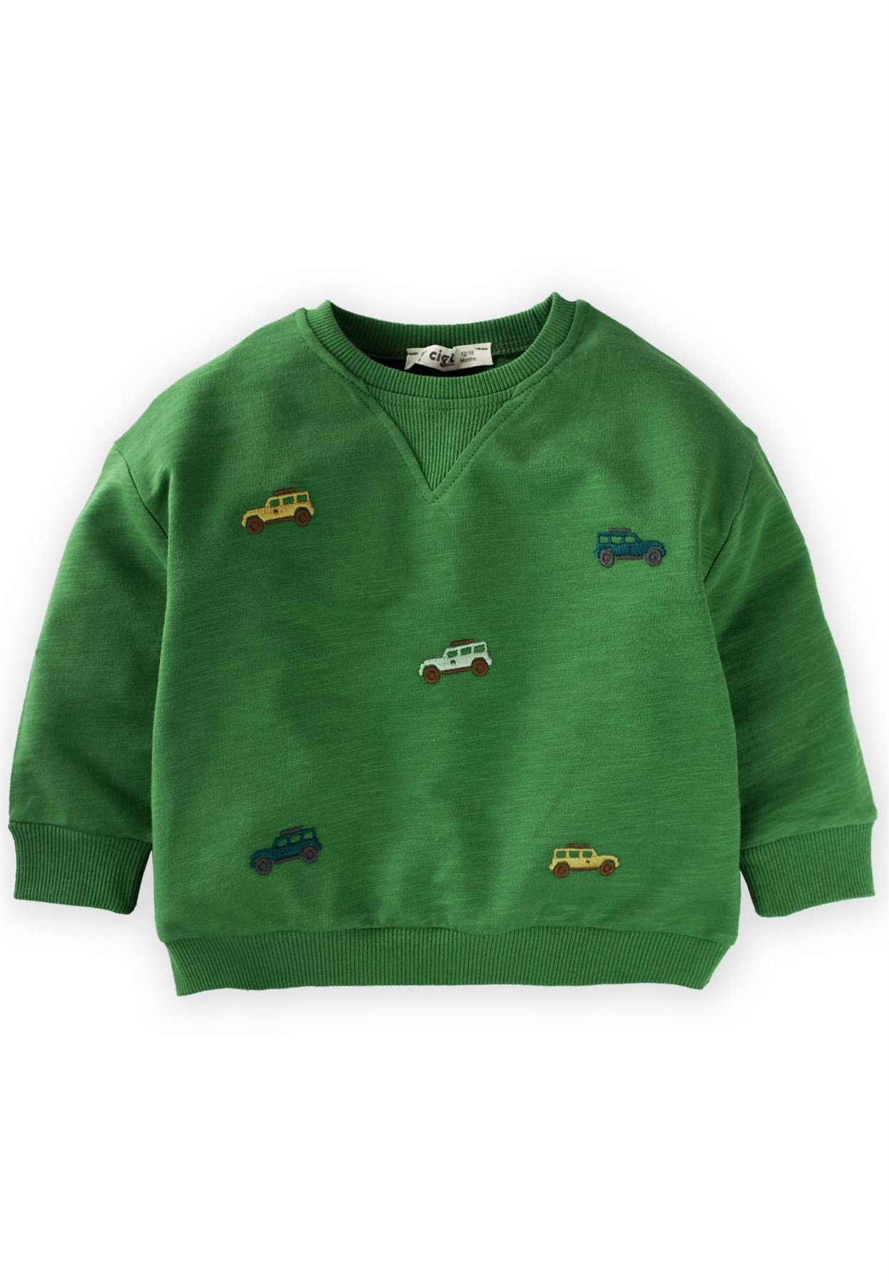 CigitJeep Nakışlı V Yaka Detaylı Sweatshirt 1-6 Yaş Yağ Yeşili