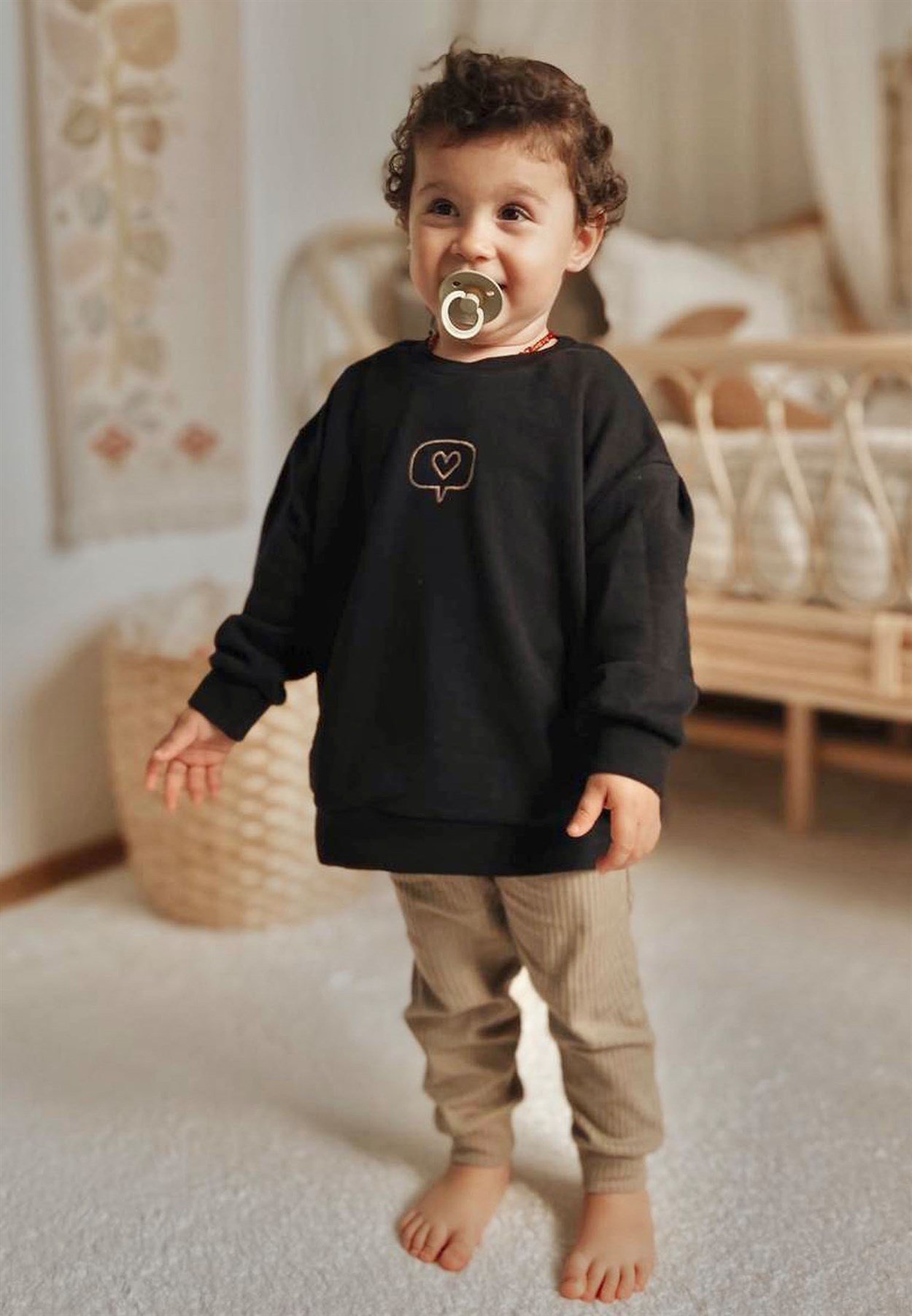 CigitHeart Embroidered Wide Cut Seasonal Sweatshirt Suit 2-8 Years Black