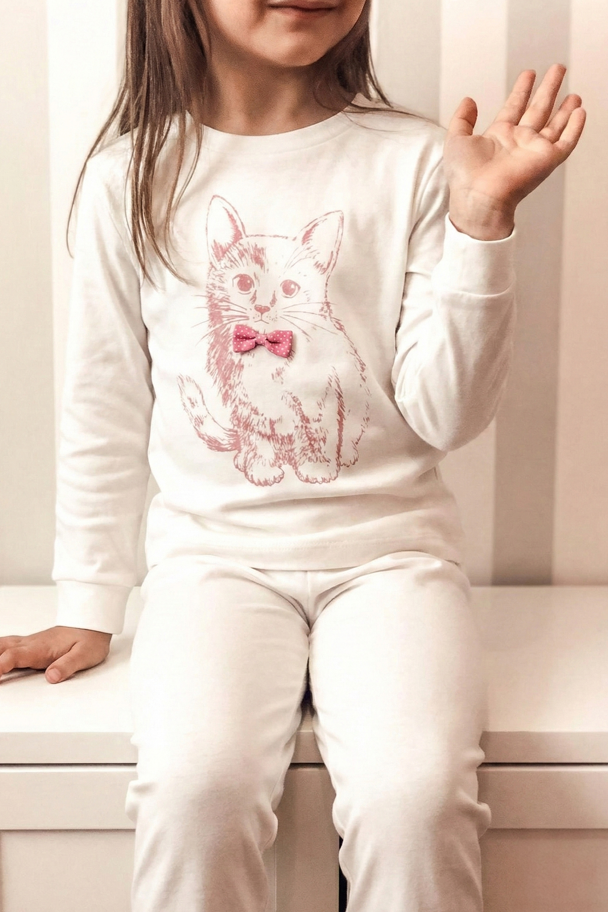 CigitKedi Baskılı Pijama Takım 2-8 Yaş Ekru