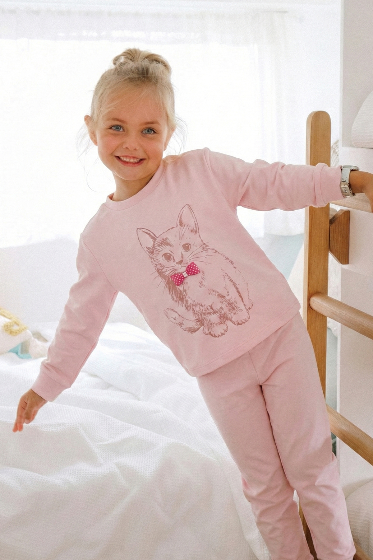 CigitKedi Baskılı Pijama Takım 2-8 Yaş Pudra Pembe