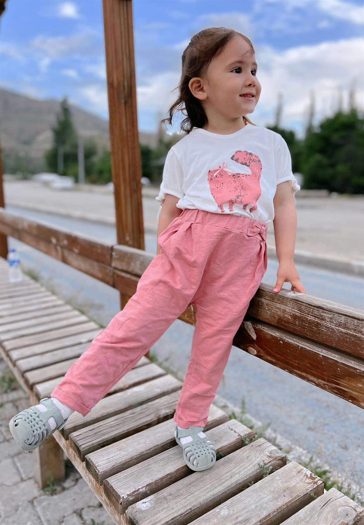 CigitKedi Baskılı T-Shırt Eşofman Takım 1-5 Yaş Ekru
