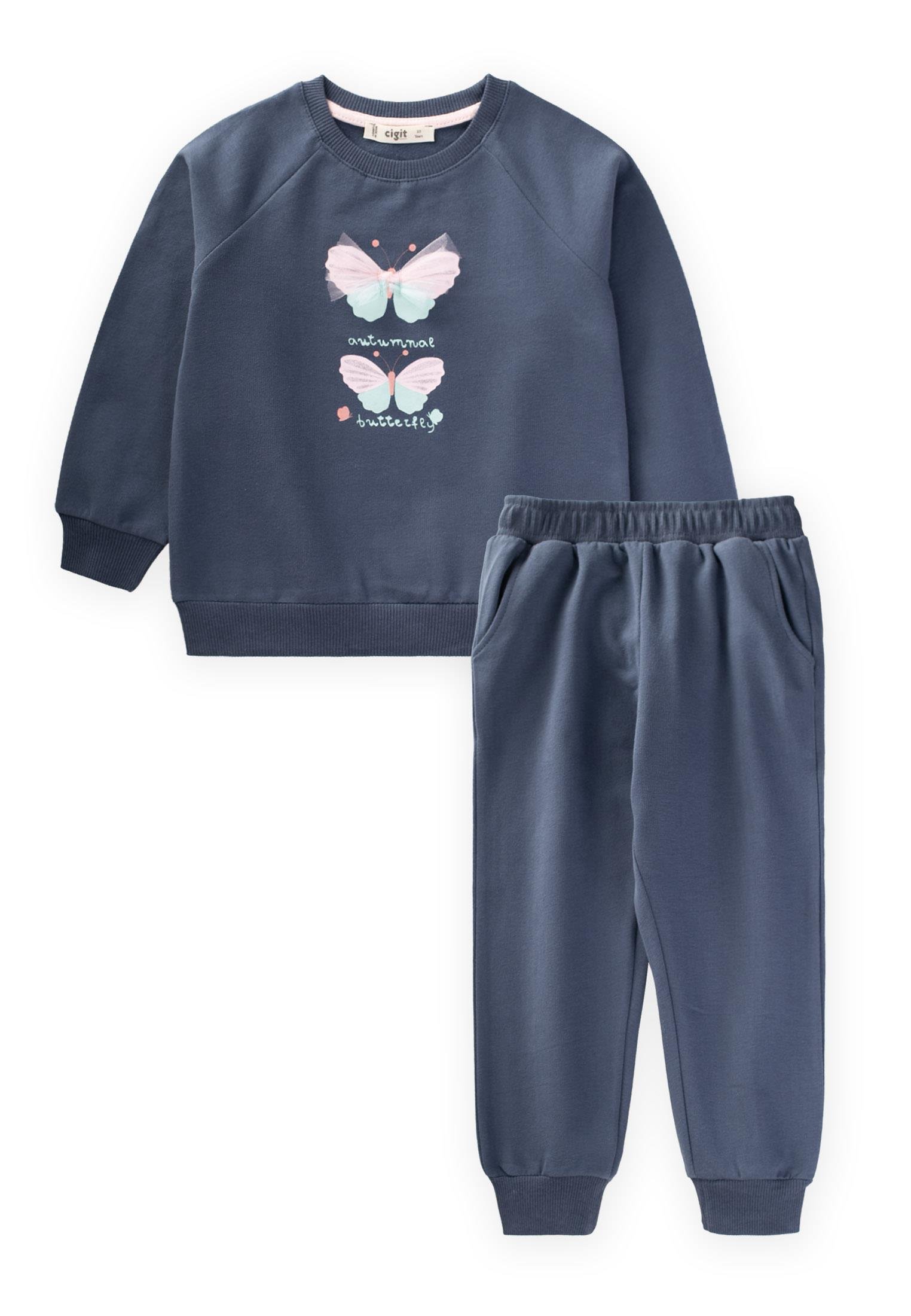CigitKelebek Baskılı Sweatshirt Takım 2-10 Yaş Lacivert