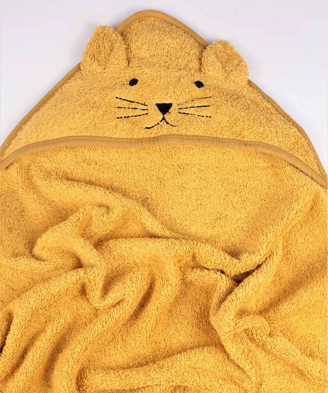 100187-16Kulaklı Kedi Nakışlı Bebek Banyo Havlusu 75X75 cm Hardal Sarı - CigitCigitKulaklı Kedi Nakışlı Bebek Banyo Havlusu 75X75 cm Hardal Sarı