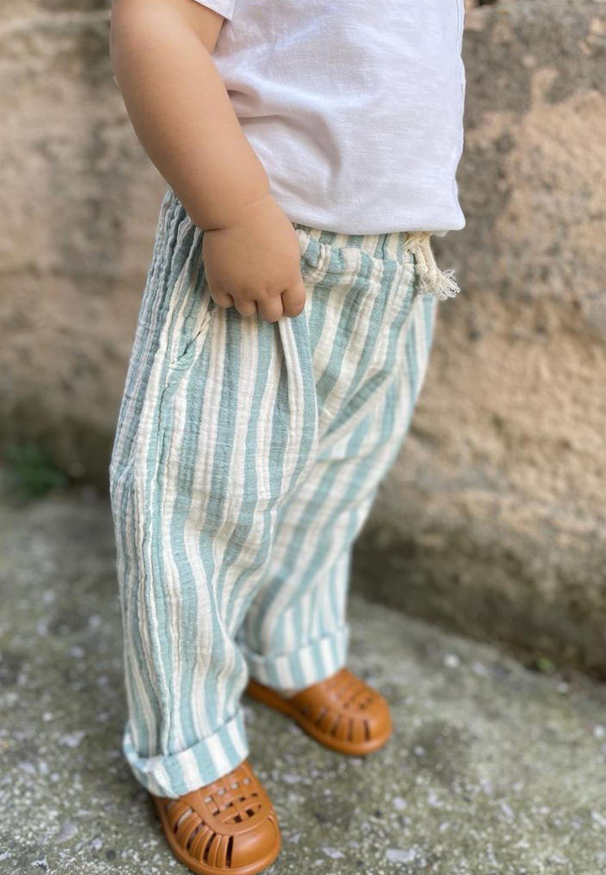 CigitMüslin Pantolon 1-7 Yaş YEŞİL ÇİZGİLİ 