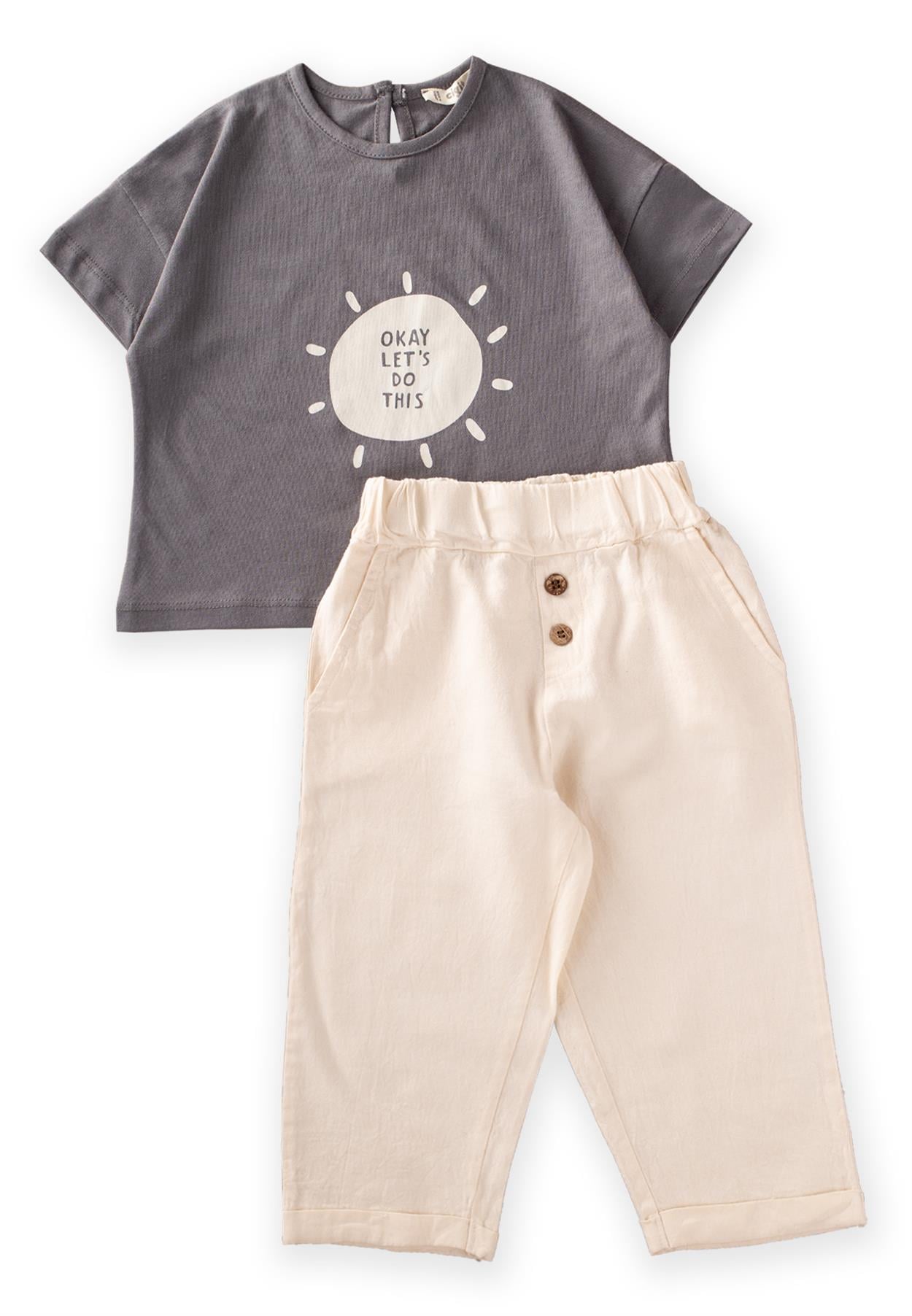 CigitNaturel Görünümlü Pantolon T-Shirt Takım 1-8 Yaş Gri