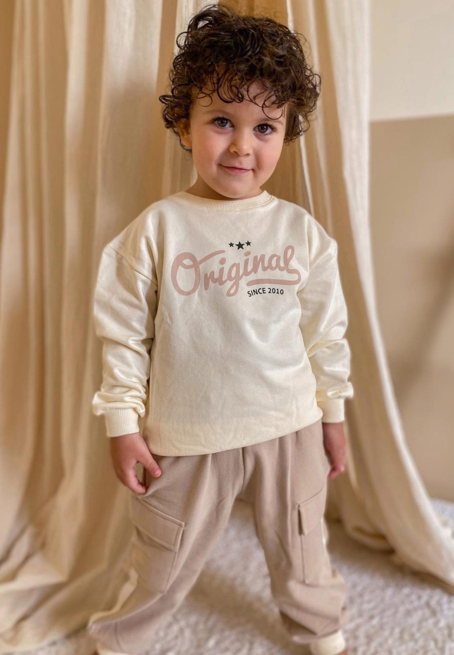 CigitOriginal Baskılı Kargo Pantolon Sweatshirt Takım 2-10 Yaş Ekru