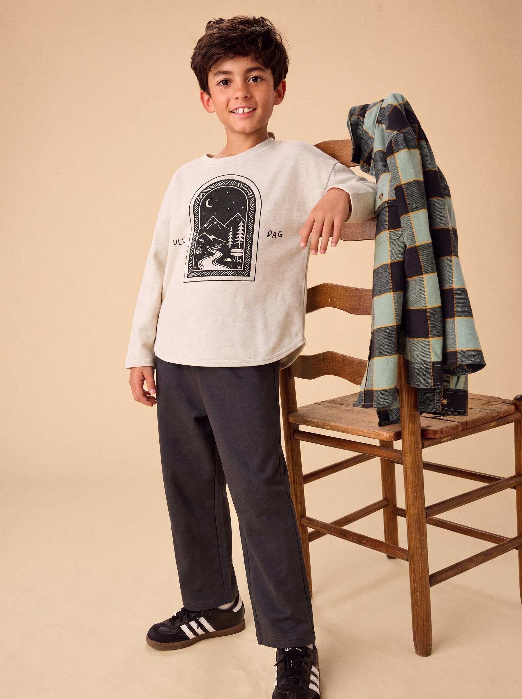 CigitOversize Uzun Kollu T-Shirt Takım 2-8 Yaş Bej Melanj