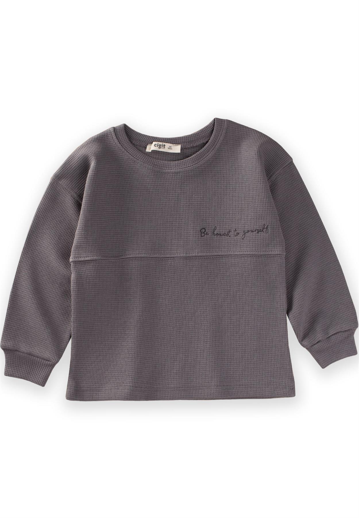 CigitOversize Waffle Mevsimlik T-Shirt 2-10 Yaş Gri
