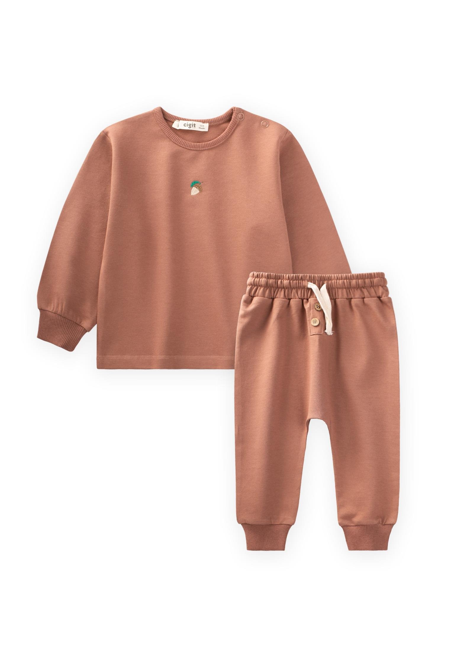 CigitAcorn Embroidered Sweat Suit 0-4 Age Brown