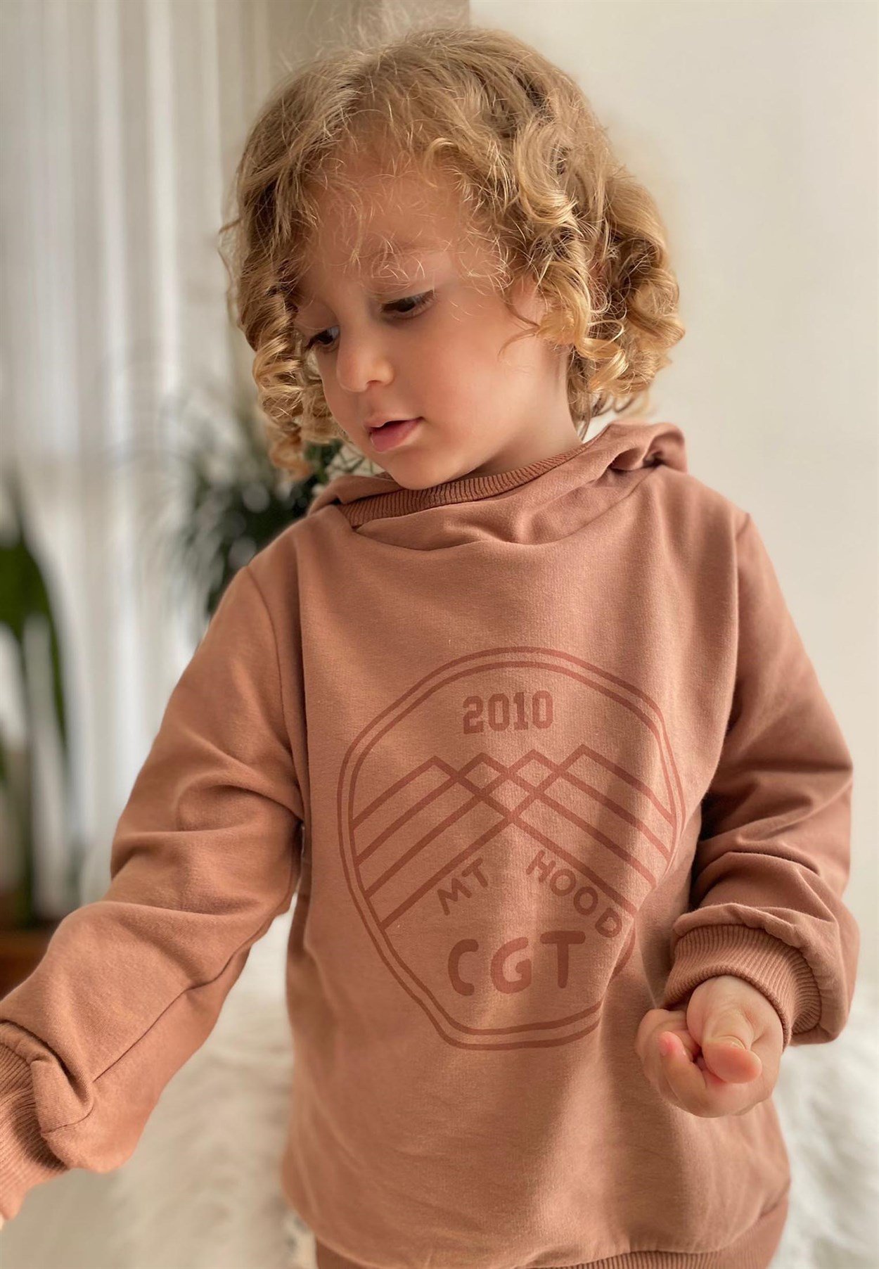 CigitSoyut Dağ Baskılı Kapşonlu Swearshirt 3-9 Yaş Açık Kahve