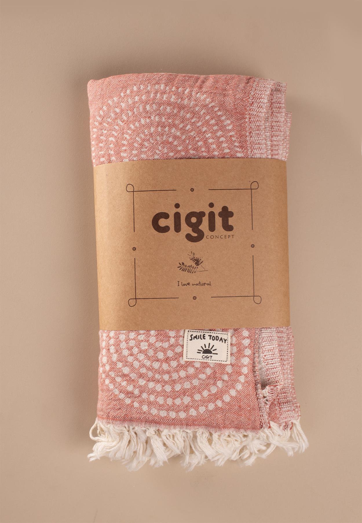 CigitTeo Desen Jakarlı Peştemal Havlu (Yıkanmıştır) 90X180 Cm Açık Nar 